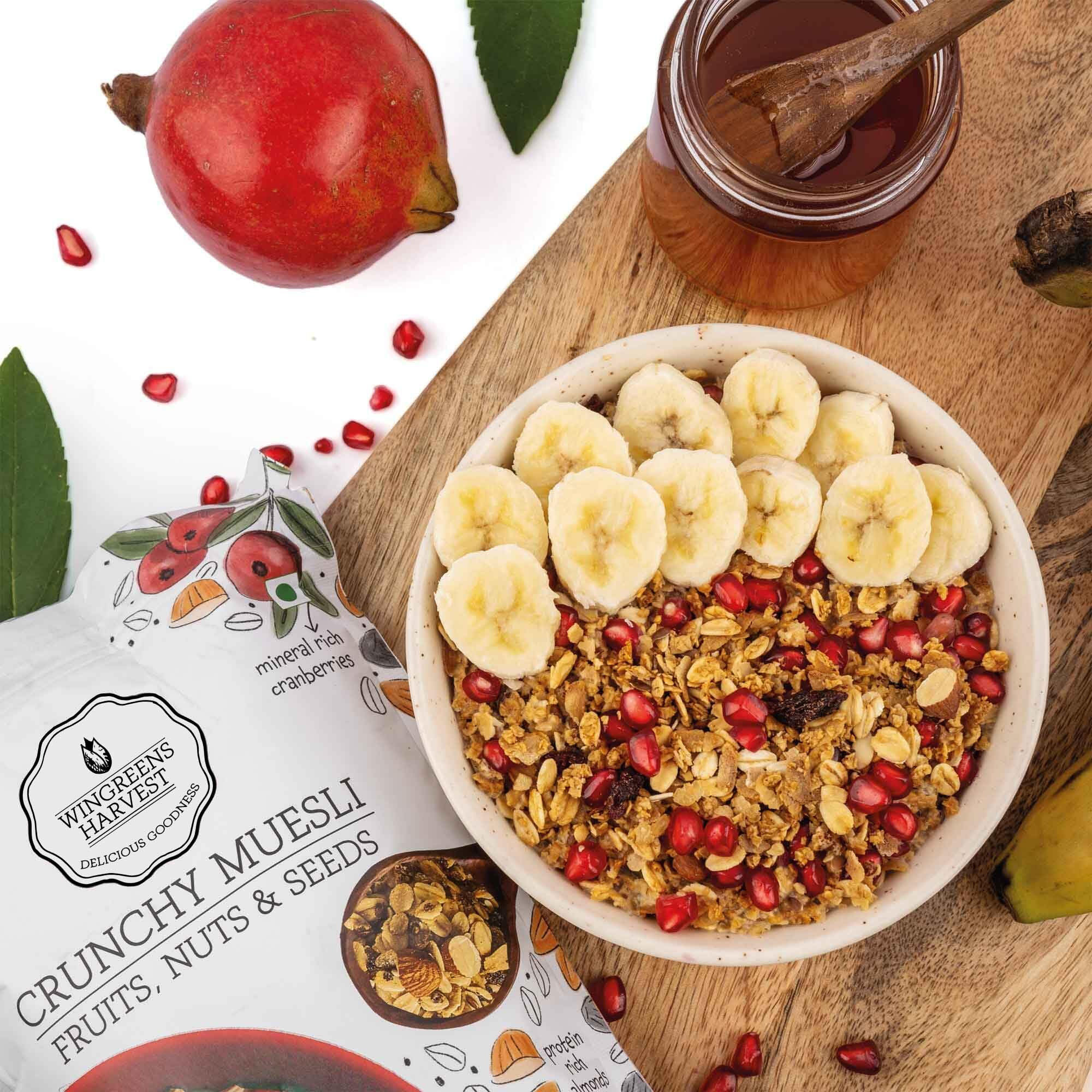Wingreens Harvest, Crunchy Muesli - Fruits, Nuts & Seeds 800g, Breakfast Cereal with Almonds, Seeds, Dried Fruits & Whole Grains. Gluten-Free, Millet Based, Natural Ingredients, High Fiber