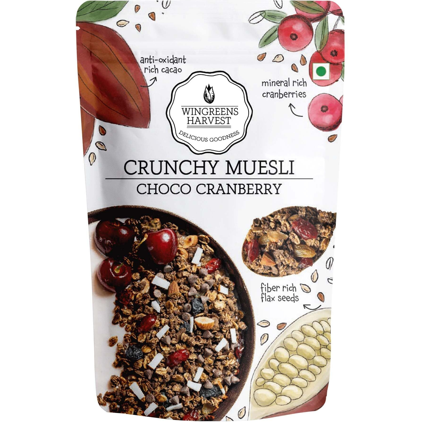 MONSOON HARVEST Wingreens Harvest Crunchy Muesli 800g, Choco & Cranberry |Healthy & Natural, Gluten Free Breakfast Cereal with Whole Grains, Nuts, Seeds and Fruit| Zero White Sugar