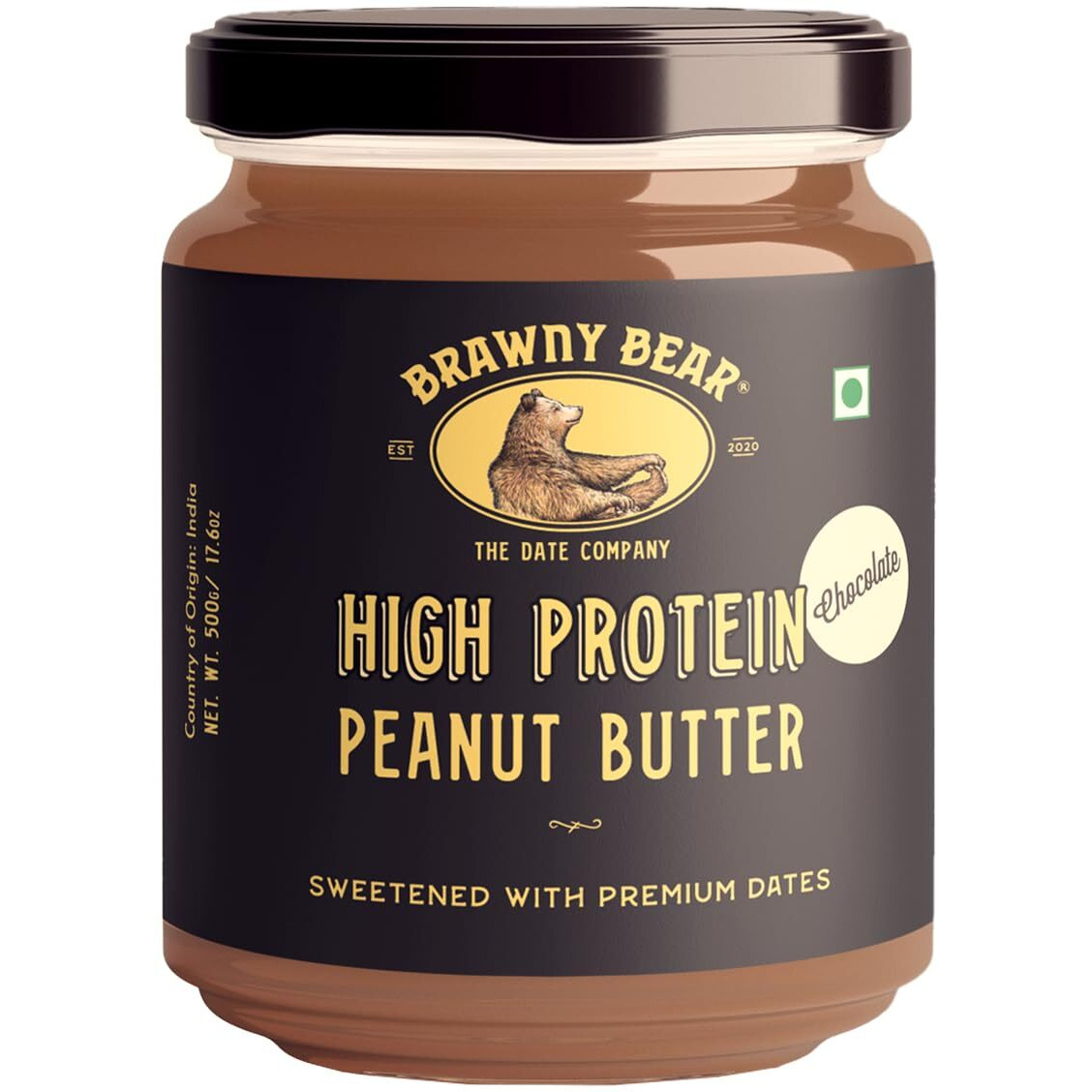 Brawny Bear High Protein Peanut Butter Chocolate Flavour, Nut Butter - 10G Protein Per Serve, 100% Natural Sweetened with Dates, Healthy Chocolate Spread with No Added Sugar, Vegan  500 gm