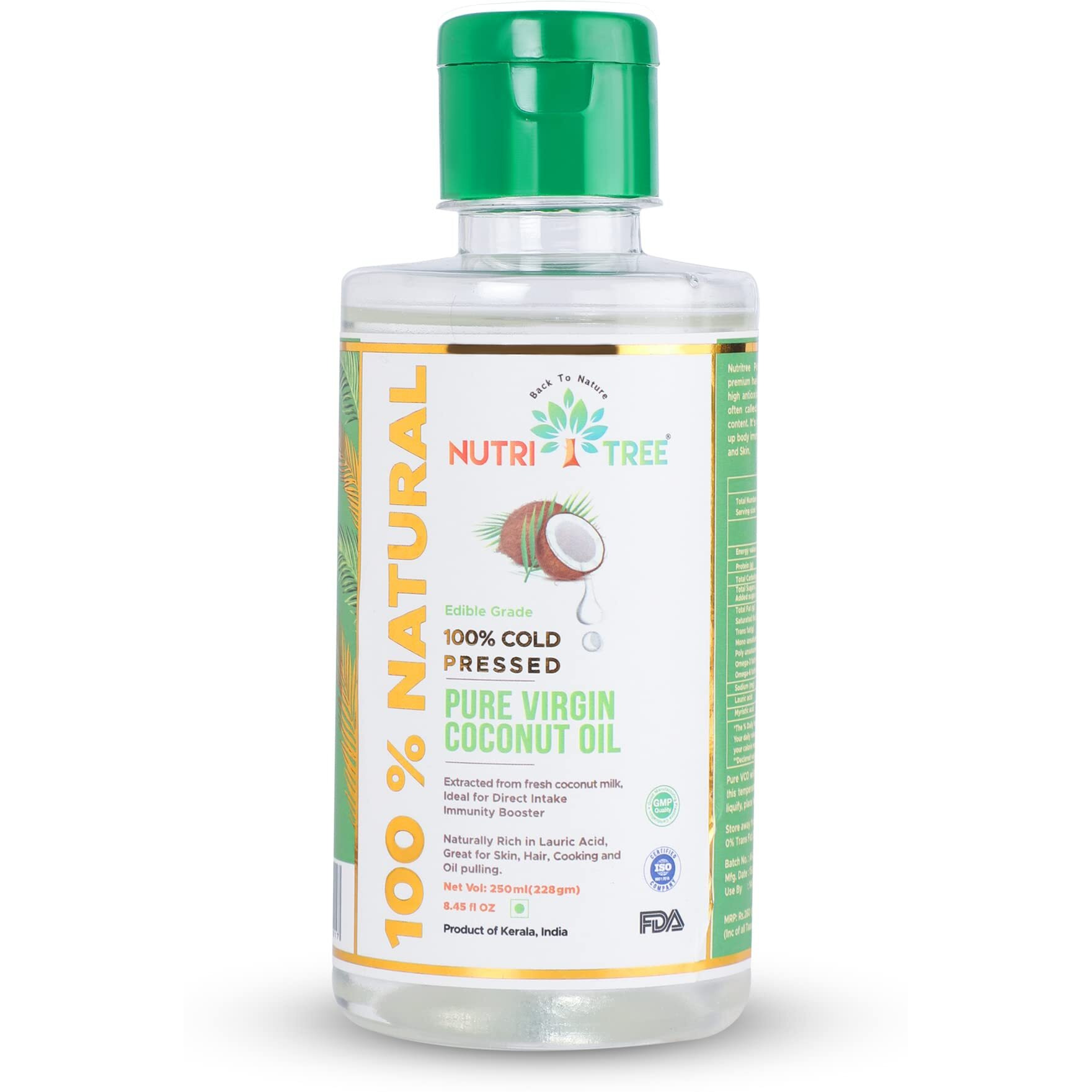 NUTRITREE 100 % Cold Pressed Pure Virgin Coconut Oil | 250 Ml |Extracted From Coconut Milk | 100% Naturally Rich In Lauric Acid | Great For Skin, Baby Massage, Hair, Cooking, Oil Pulling
