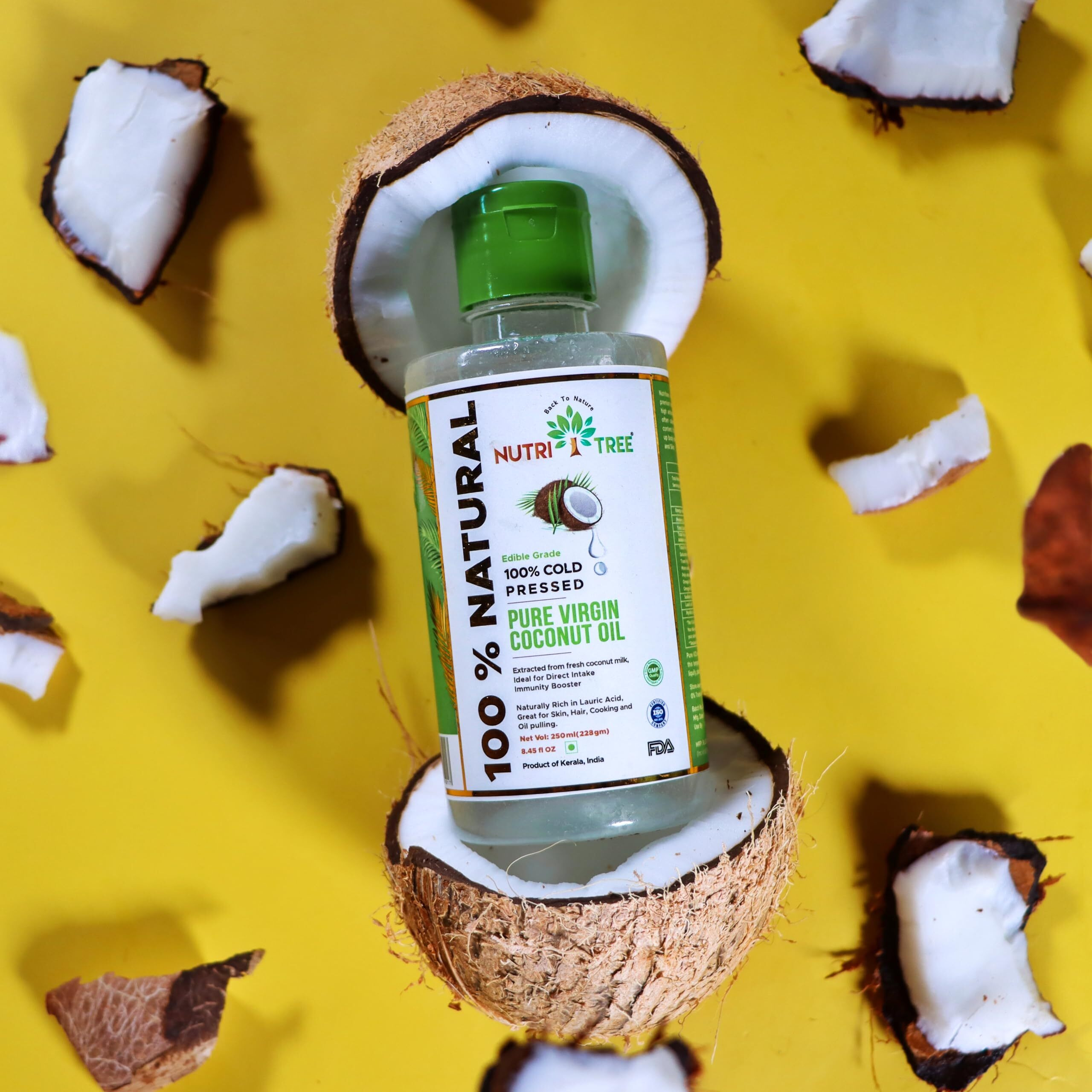 NUTRITREE 100 % Cold Pressed Pure Virgin Coconut Oil | 250 Ml |Extracted From Coconut Milk | 100% Naturally Rich In Lauric Acid | Great For Skin, Baby Massage, Hair, Cooking, Oil Pulling