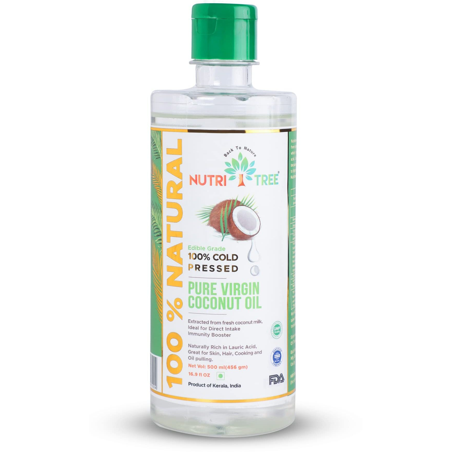 NUTRITREE Cold Pressed Pure Virgin Coconut Oil|500 Ml|Extracted From Coconut Milk|Naturally Rich In Lauric Acid|Cholesterol Free|For Skin,Baby Massage,Hair,Cooking,Oil Pulling|For Daily Consumption