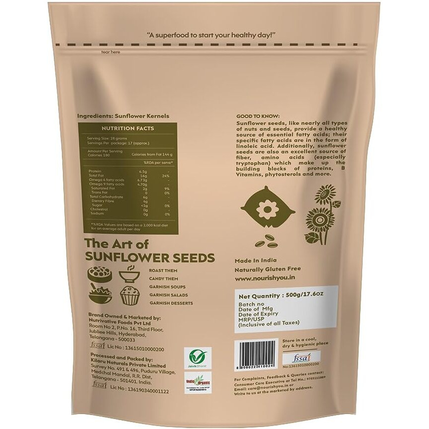 Nourish You Organic Sunflower Seeds Sunflower Seeds 500 G | Raw Sunflower Seeds for Eating | Diet Food | Healthy Snack | Rich in Protein & Fiber