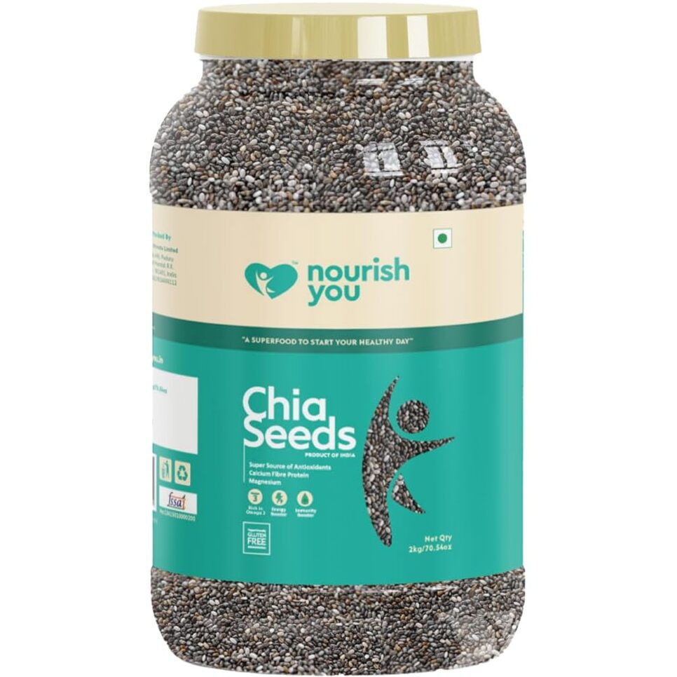 Nourish You Chia Seeds 2Kg (Jar)- 100% Clean Chia Seeds for Eating | Certified Organic | Seeds for Weight Management | Rich in Calcium, Protein & Fiber, Omega 3 and Antioxidant | Healthy Snacks