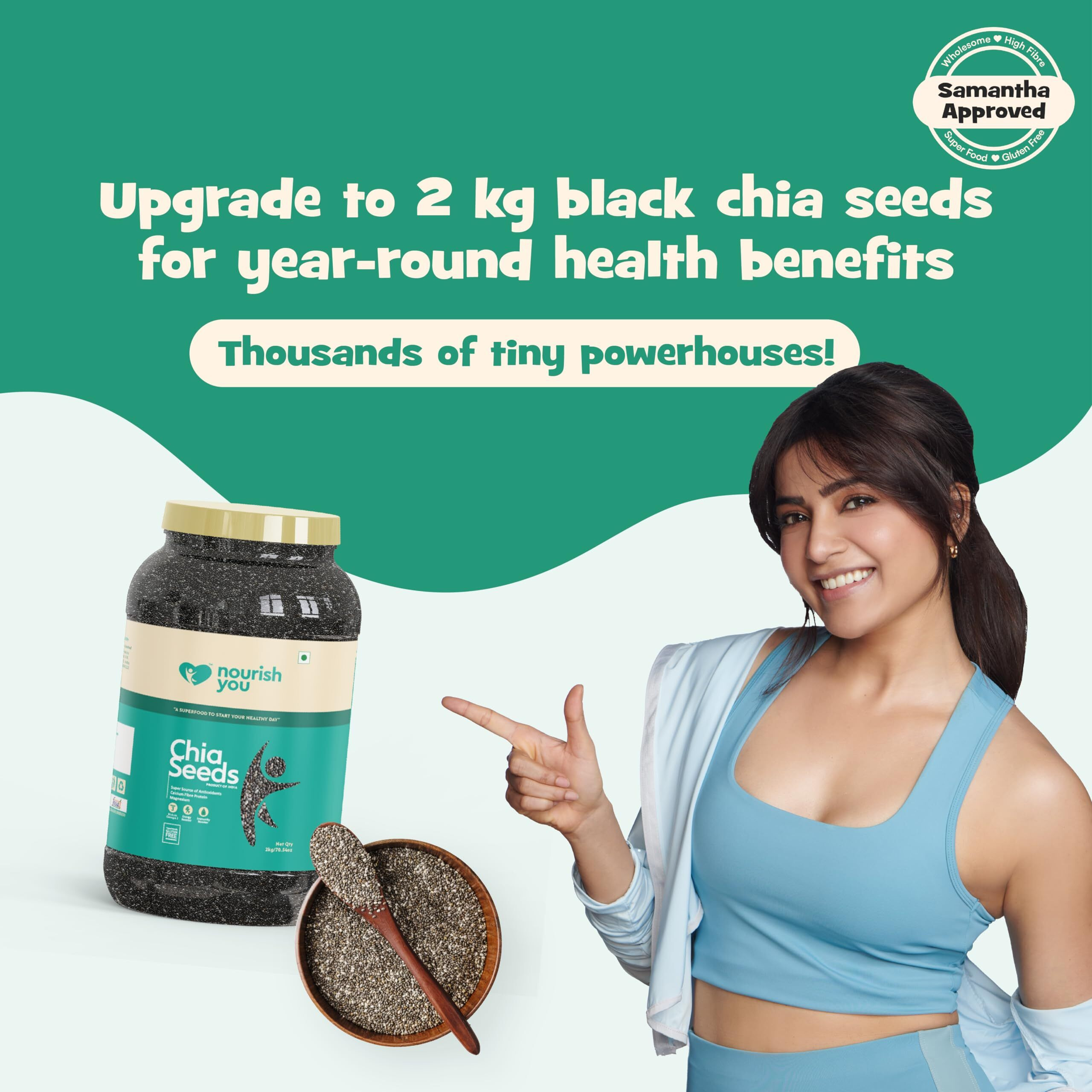 Nourish You Chia Seeds 2Kg (Jar)- 100% Clean Chia Seeds for Eating | Certified Organic | Seeds for Weight Management | Rich in Calcium, Protein & Fiber, Omega 3 and Antioxidant | Healthy Snacks