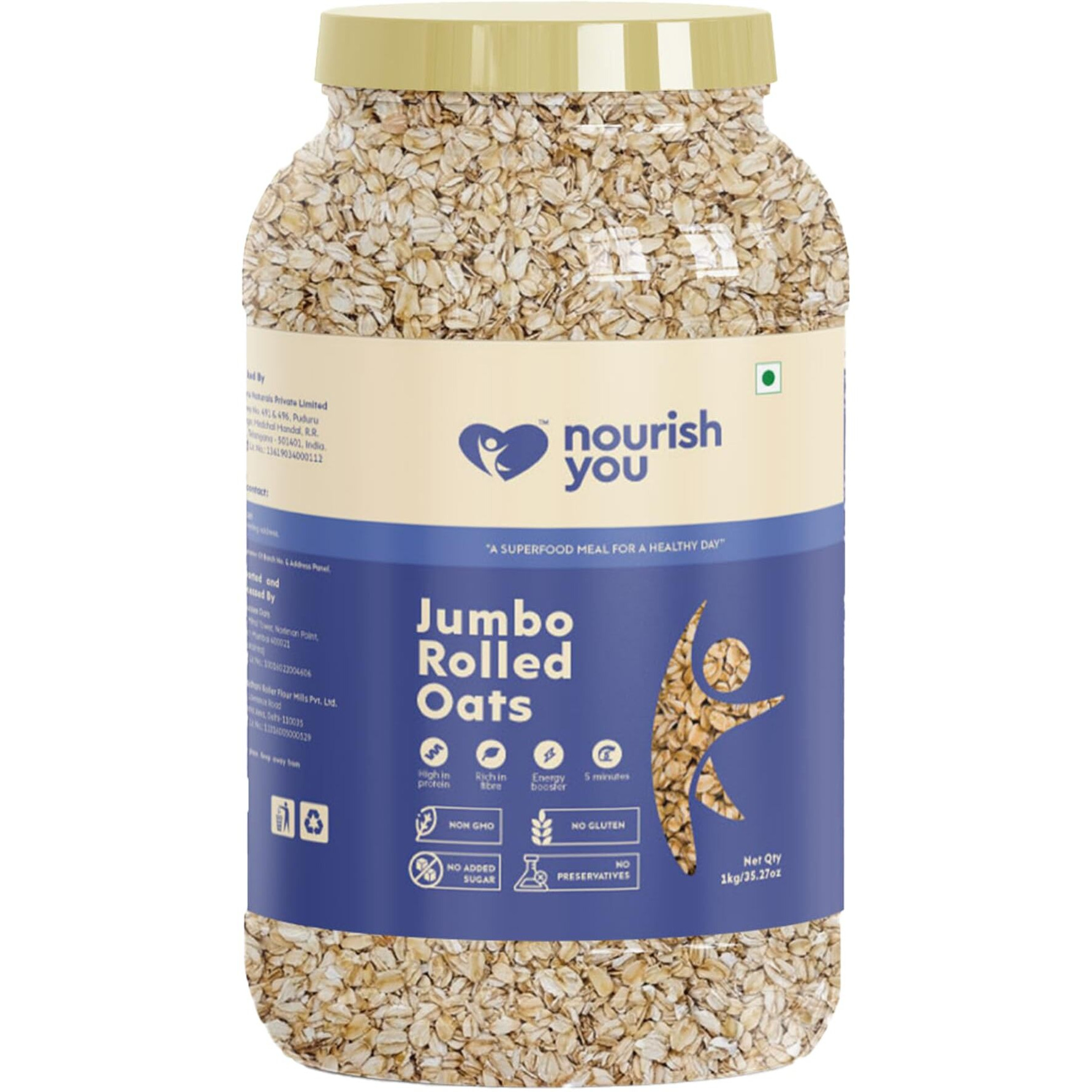 Nourish You Rolled Oats 1 kg - Diet Food | 100% Wholegrain Oats | Oats for Weight Management | High Fibre Breakfast | Rich in Protein | Jumbo Oats
