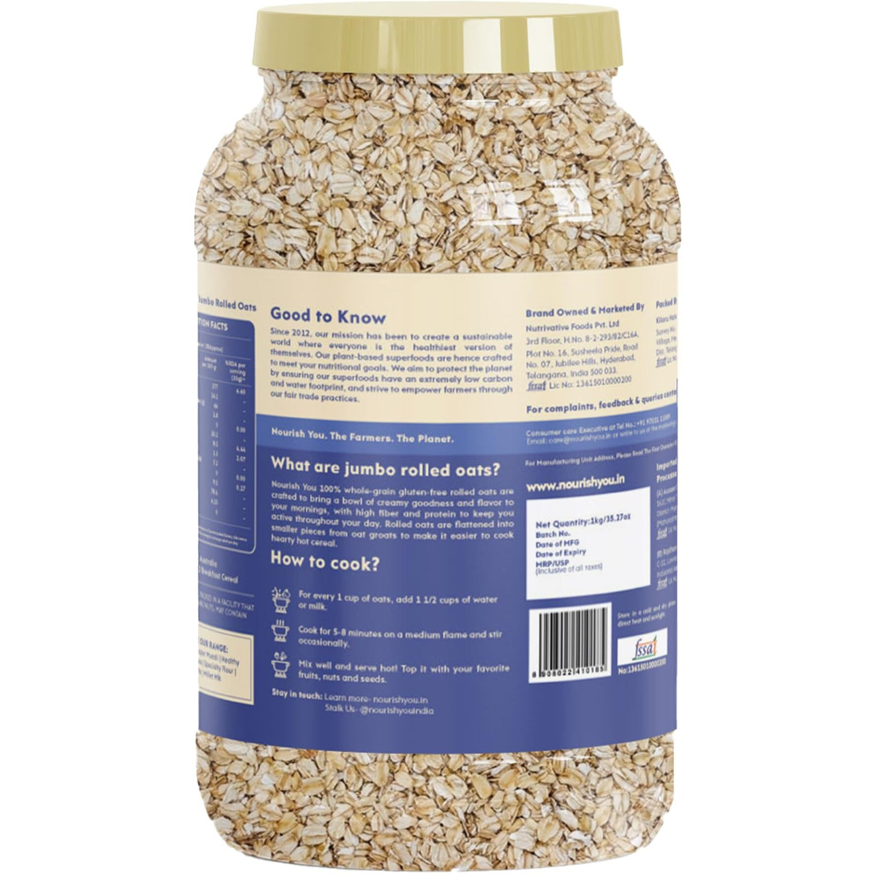 Nourish You Rolled Oats 1 kg - Diet Food | 100% Wholegrain Oats | Oats for Weight Management | High Fibre Breakfast | Rich in Protein | Jumbo Oats