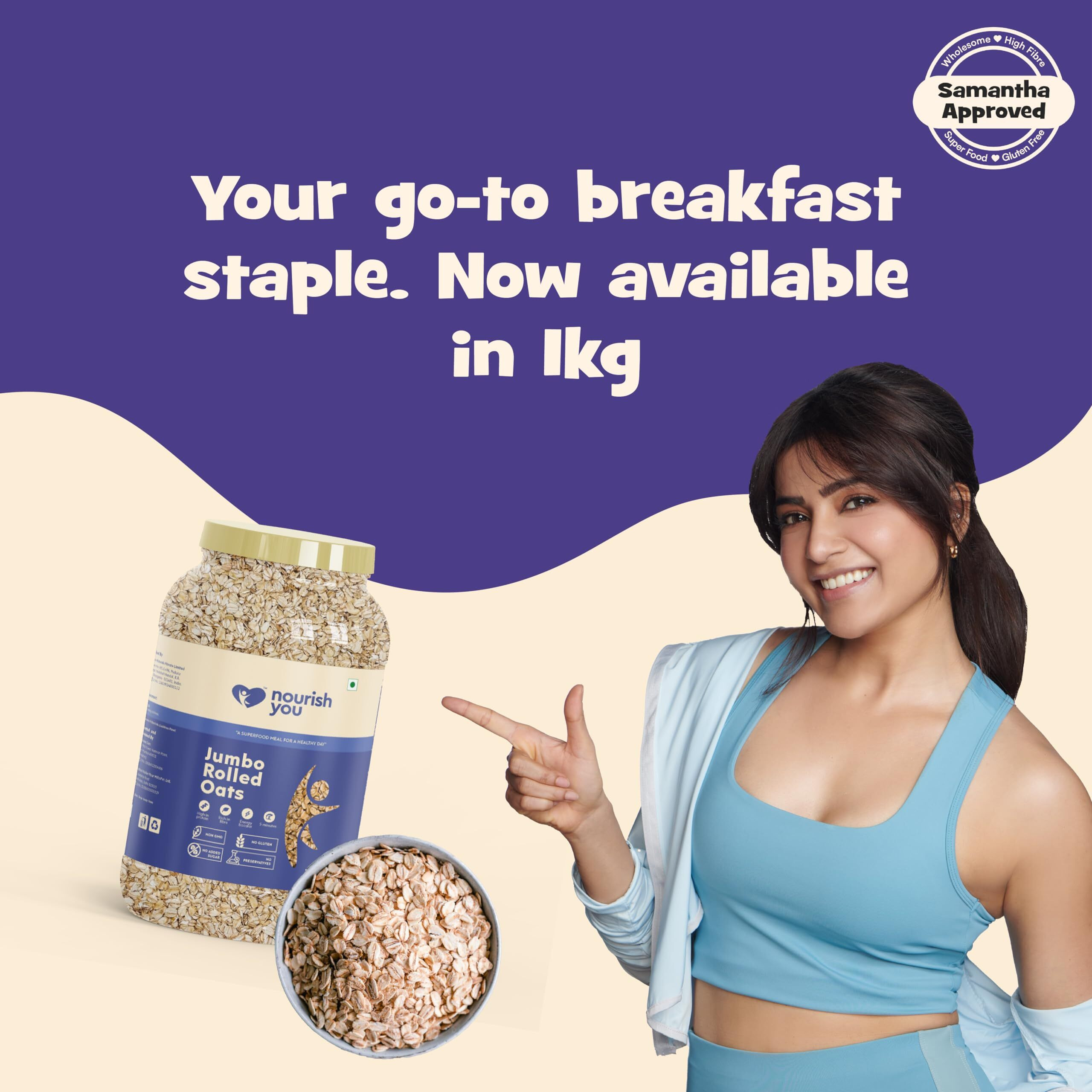 Nourish You Rolled Oats 1 kg - Diet Food | 100% Wholegrain Oats | Oats for Weight Management | High Fibre Breakfast | Rich in Protein | Jumbo Oats