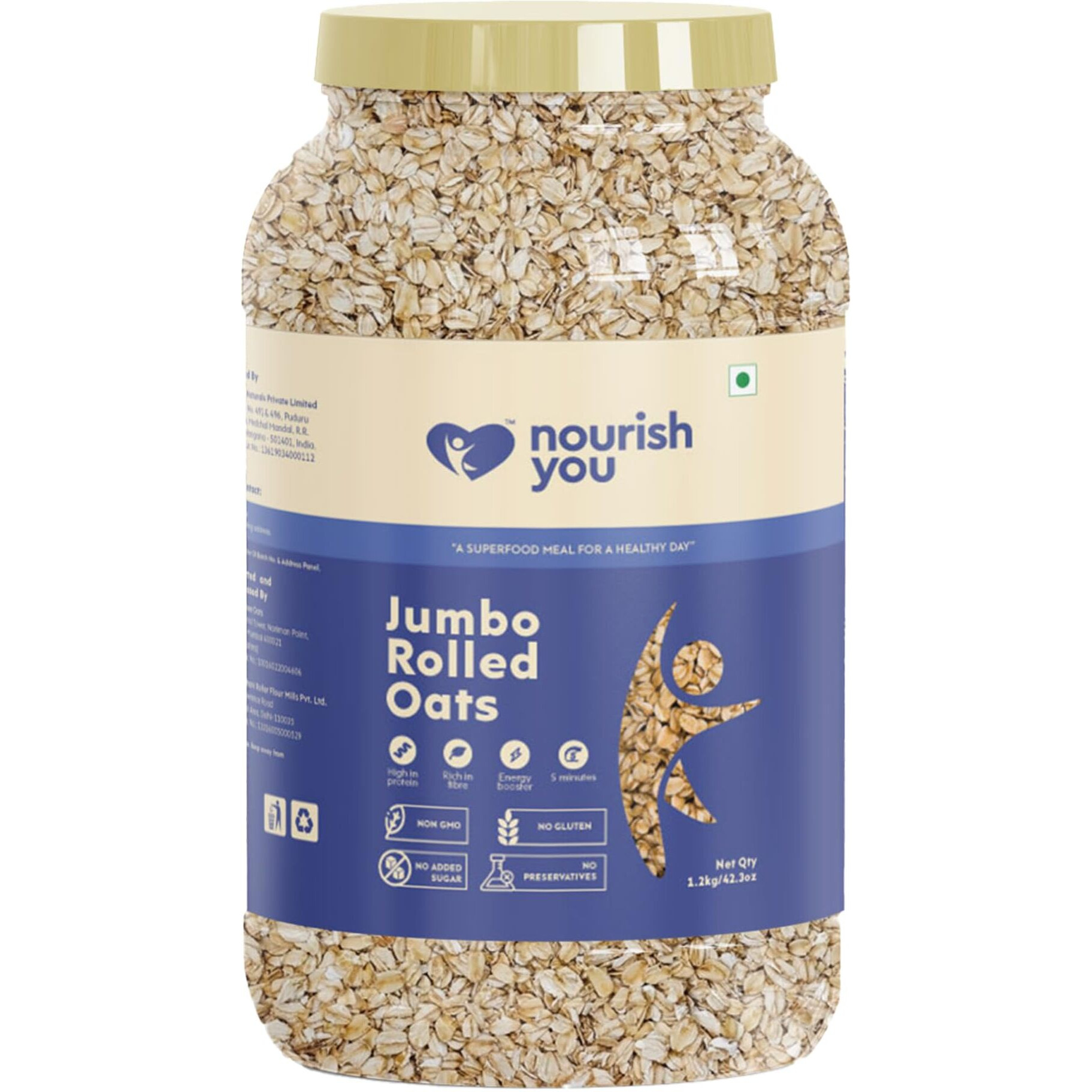 Nourish You Rolled Oats 1.2 kg - Diet Food | 100% Wholegrain Oats | Oats for Weight Management | High Fibre Breakfast | Rich in Protein | Jumbo Oats