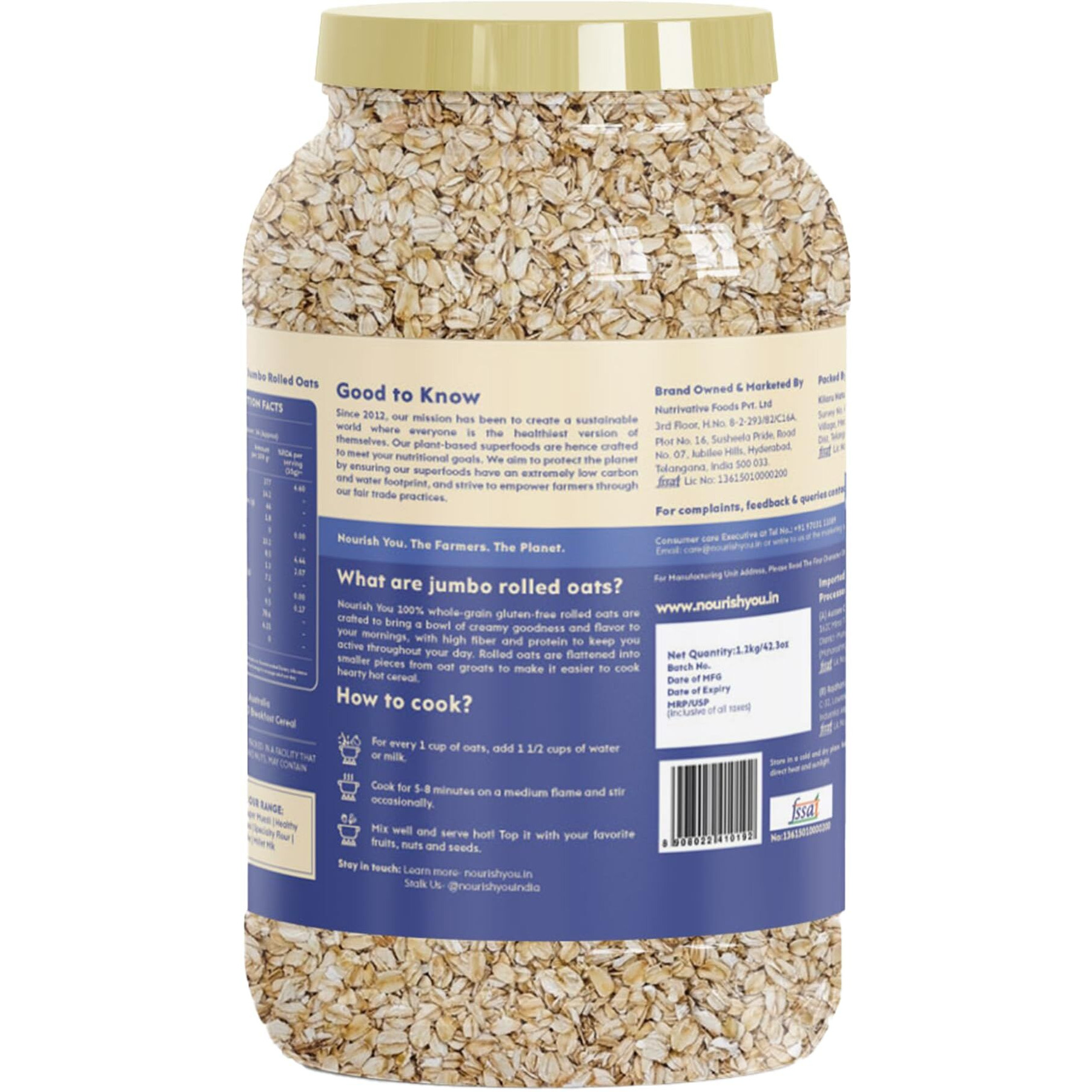 Nourish You Rolled Oats 1.2 kg - Diet Food | 100% Wholegrain Oats | Oats for Weight Management | High Fibre Breakfast | Rich in Protein | Jumbo Oats