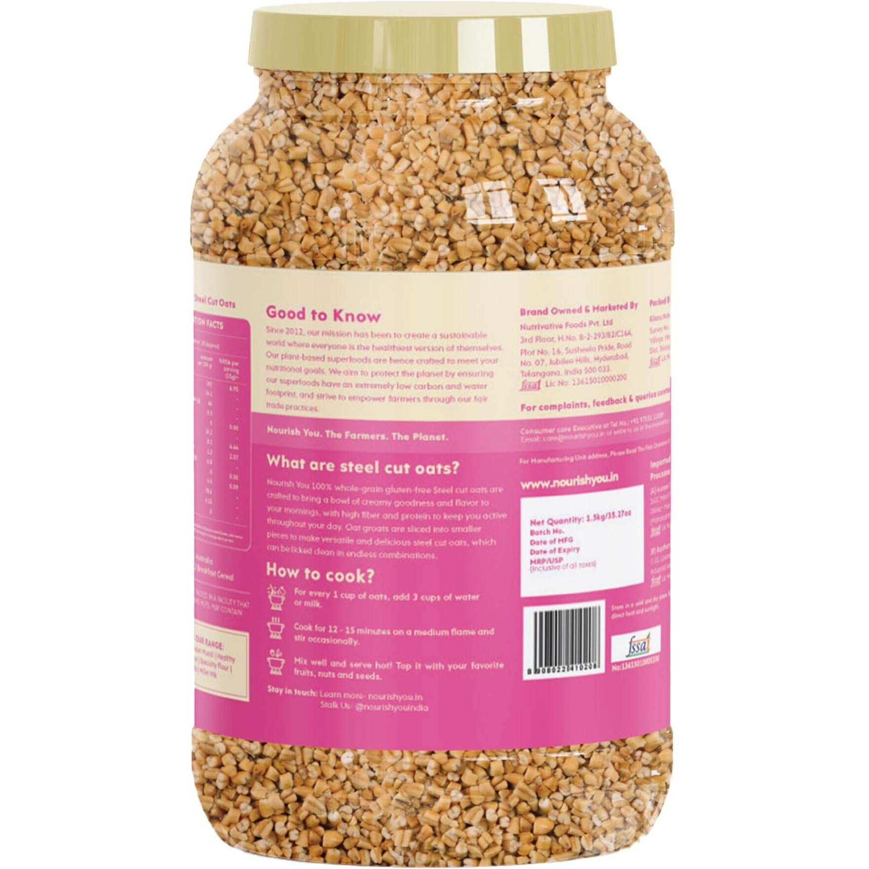 Nourish You Steel Cut Oats 2kg - 100% Wholegrain Oats | Breakfast Cereal for Weight Management | Diet Food | Rich in Fibre and Protein