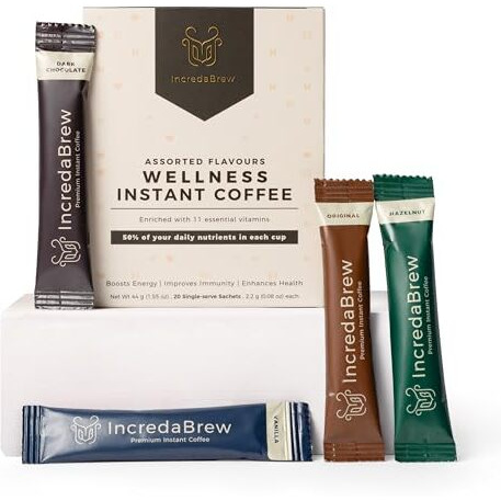 IncredaBrew Assorted Flavours Wellness Instant Coffee Powder - 20 Cups, Vitamin Rich Flavoured Coffee | 4 Flavours x 5 Instant Coffee Sachets (2.2g each) for Milk/Black Coffee, Hot/Cold Coffee