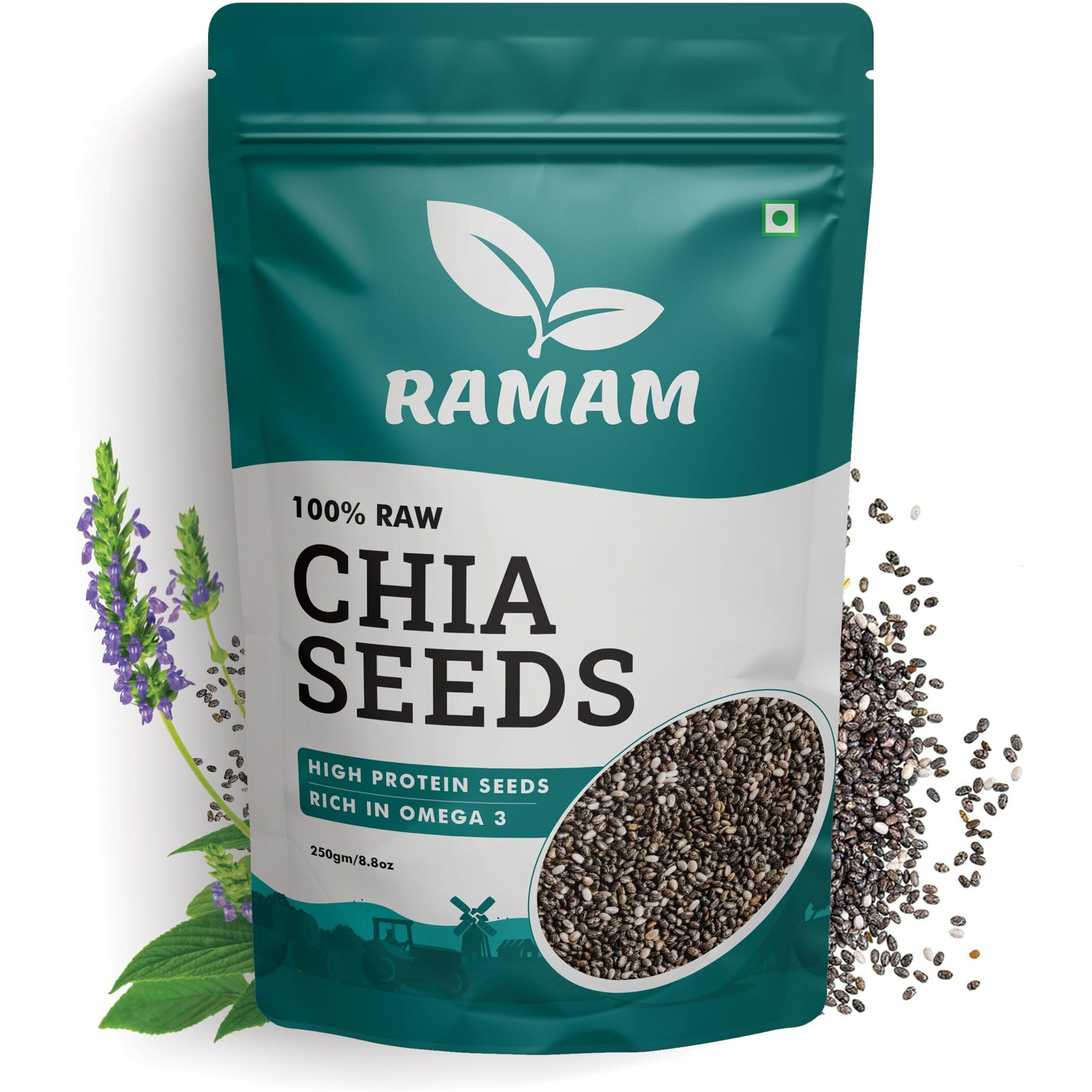 Ramam Chia Seeds for Weight Management -100% Clean Superfood | Rich in Omega-3, Protein, Fiber & Calcium | Gluten-Free | Ideal for Weight Loss, Heart Health & Healthy Snacks | Versatile for Eating & Baking - 250g