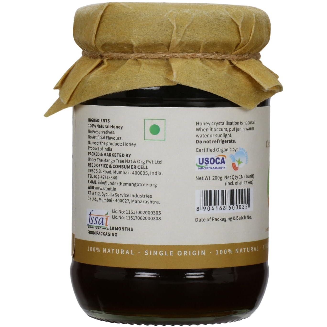 UTMT Under the Mango Tree Certified Organic Honey, 200g - 100% Pure, Natural & Ethically Sourced | NMR Tested | Raw & unprocessed honey with no preservatives, Single Origin Honey.