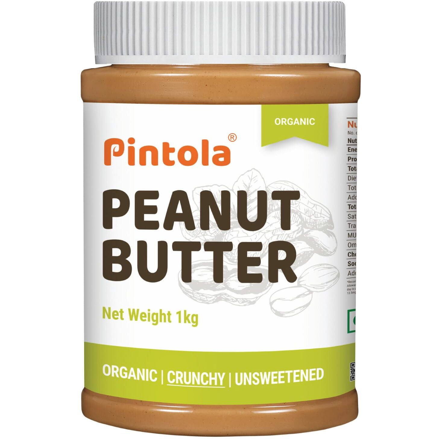 Pintola Organic Unsweetened Peanut Butter Crunchy 1kg - High Protein 30g & 9g Dietary Fiber, Made with Organic Peanuts, No Added Sugar, No Preservatives