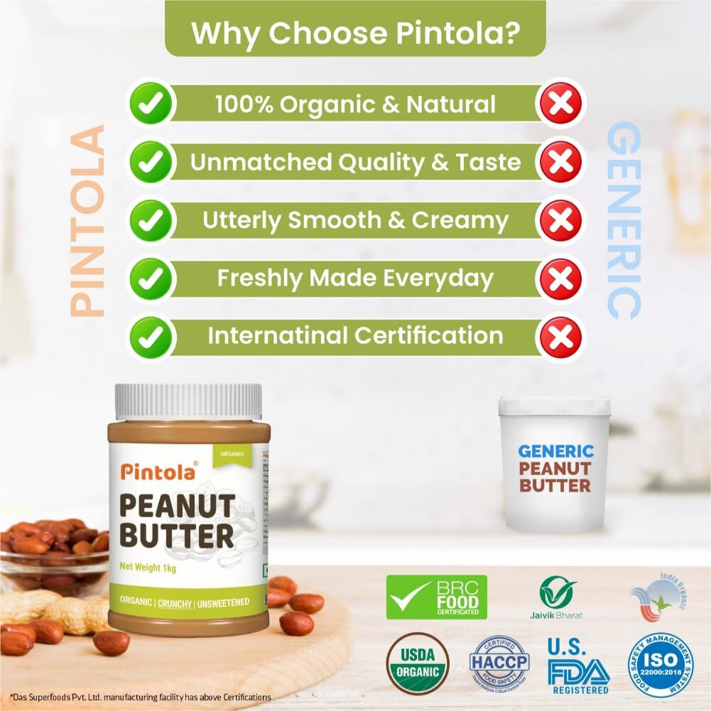Pintola Organic Unsweetened Peanut Butter Crunchy 1kg - High Protein 30g & 9g Dietary Fiber, Made with Organic Peanuts, No Added Sugar, No Preservatives