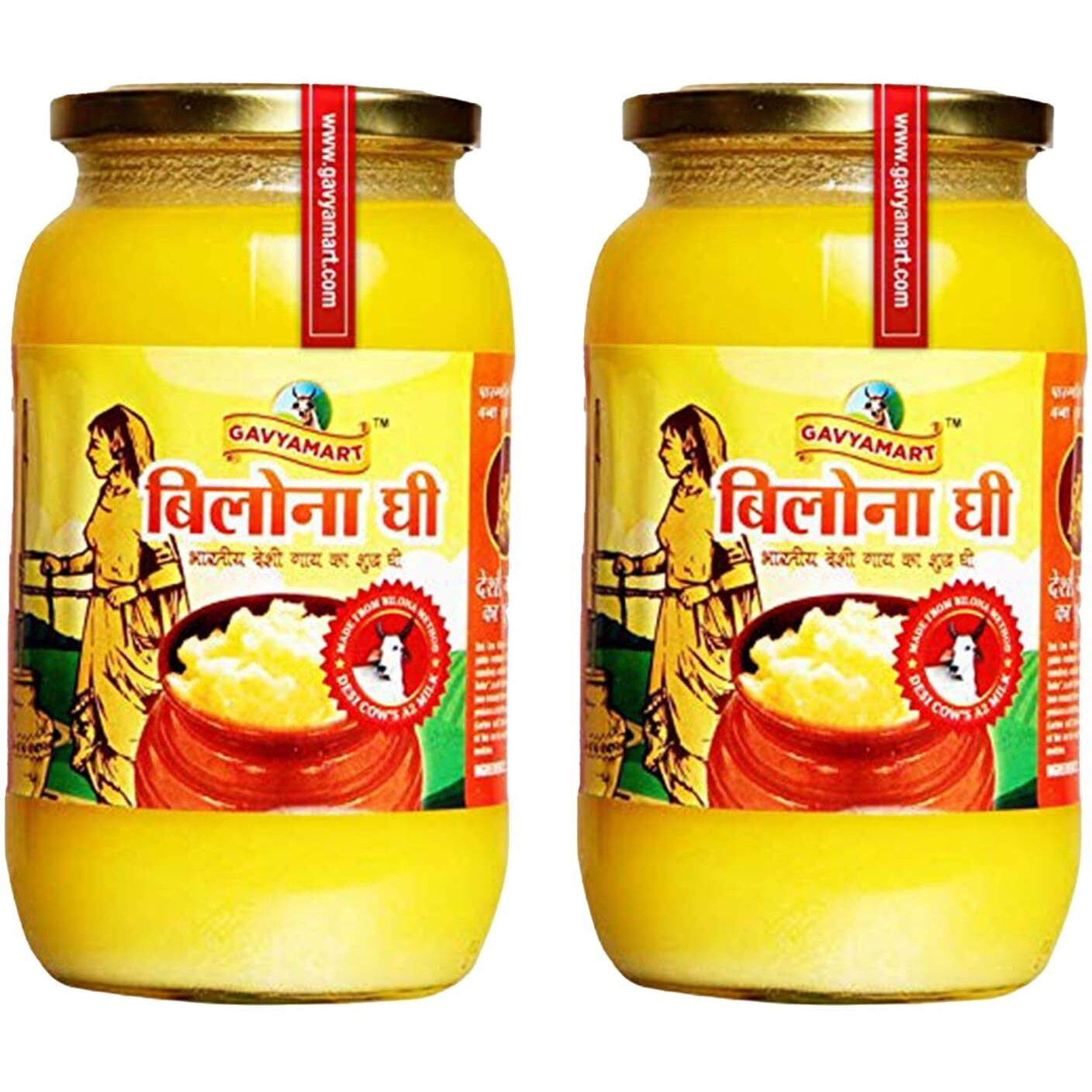 GAVYAMART Bilona Ghee 100% Pure Desi Kankrej Cow Ghee-Made Using Traditional Bilona Method 1 L- Glass Jar Pack (2 * 1 Liter)