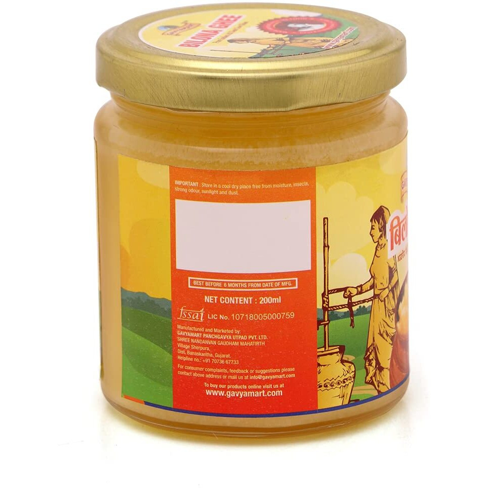 Gavyamart Bilona ghee 100% Fresh Pure Desi Kankrej Organic Non GMO Cow Ghee-Made Using Traditional Bilona Method - Glass jar pack (200 ML)
