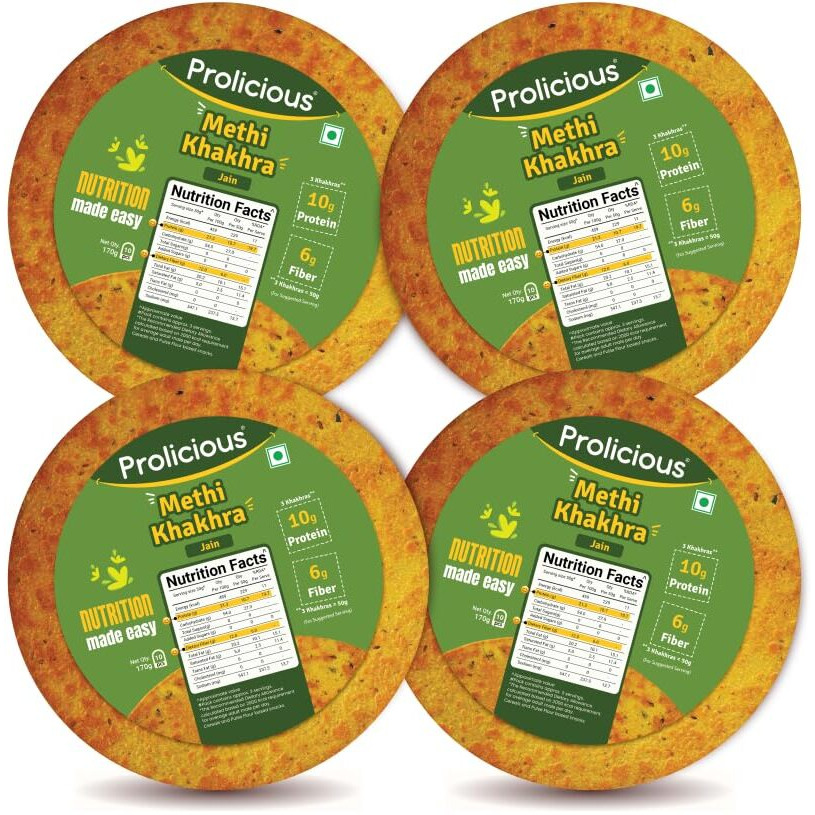 Prolicious 2X Protein Methi Khakra | NO Palm Oil | Crispy | Ready to Eat | Flavourful | High Protein Healthy Anytime Snack  (Pack of 4, 170 Grams each) (Methi)