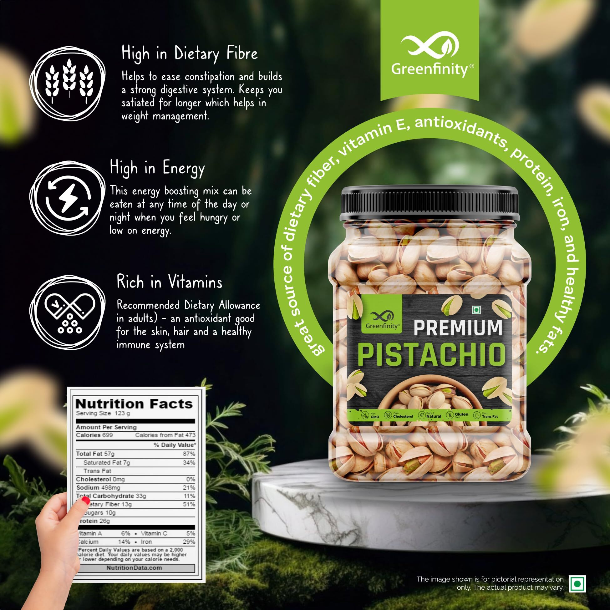 GreenFinity Fresh Whole Roasted Salted Pistachios | Salted Pista With Shell - 1KG