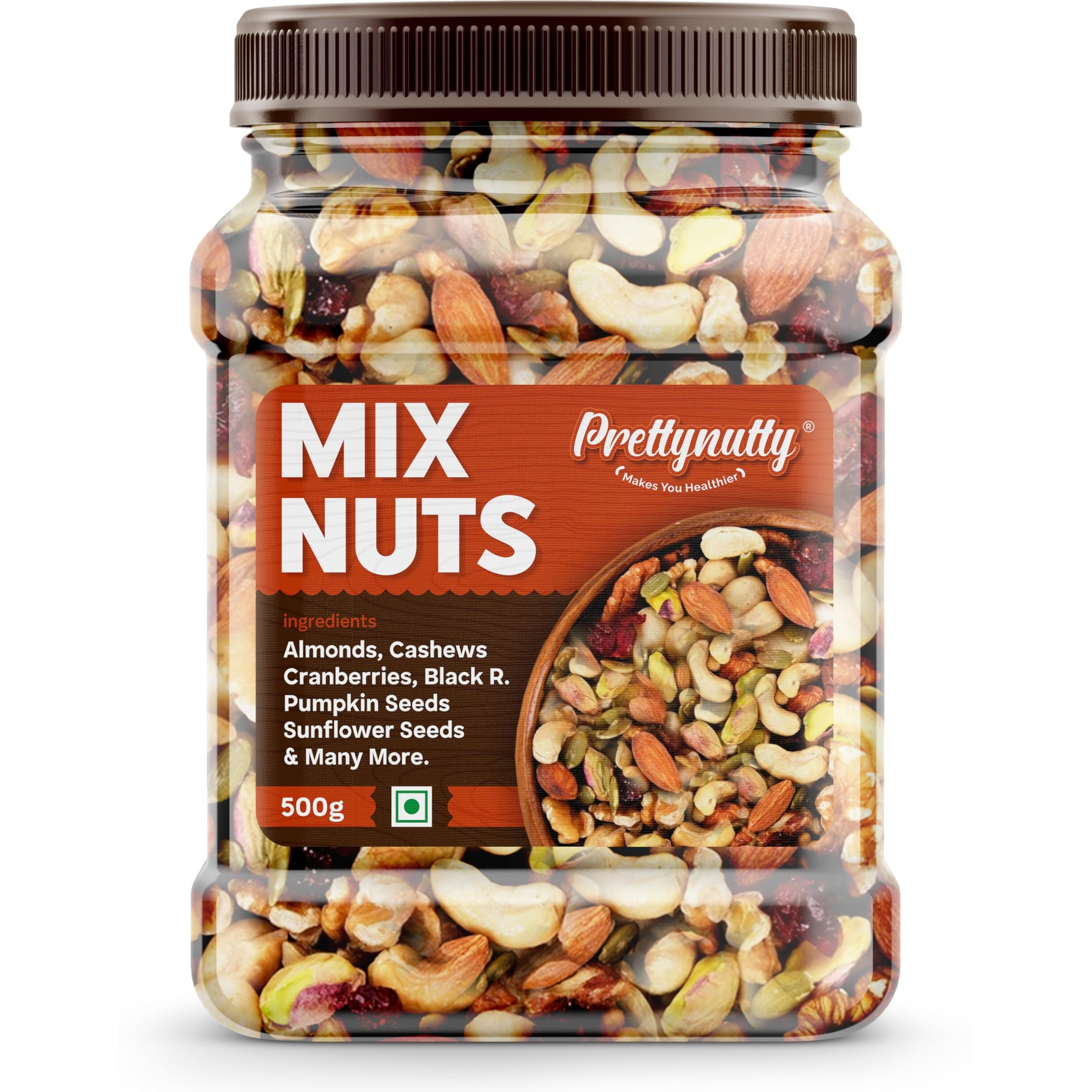 PrettyNutty Healthy Nutmix 500g, Dried Almonds, Black Raisins, Cashewnuts, Cranberries, Black Dates & Many More. (Pack of Jar)