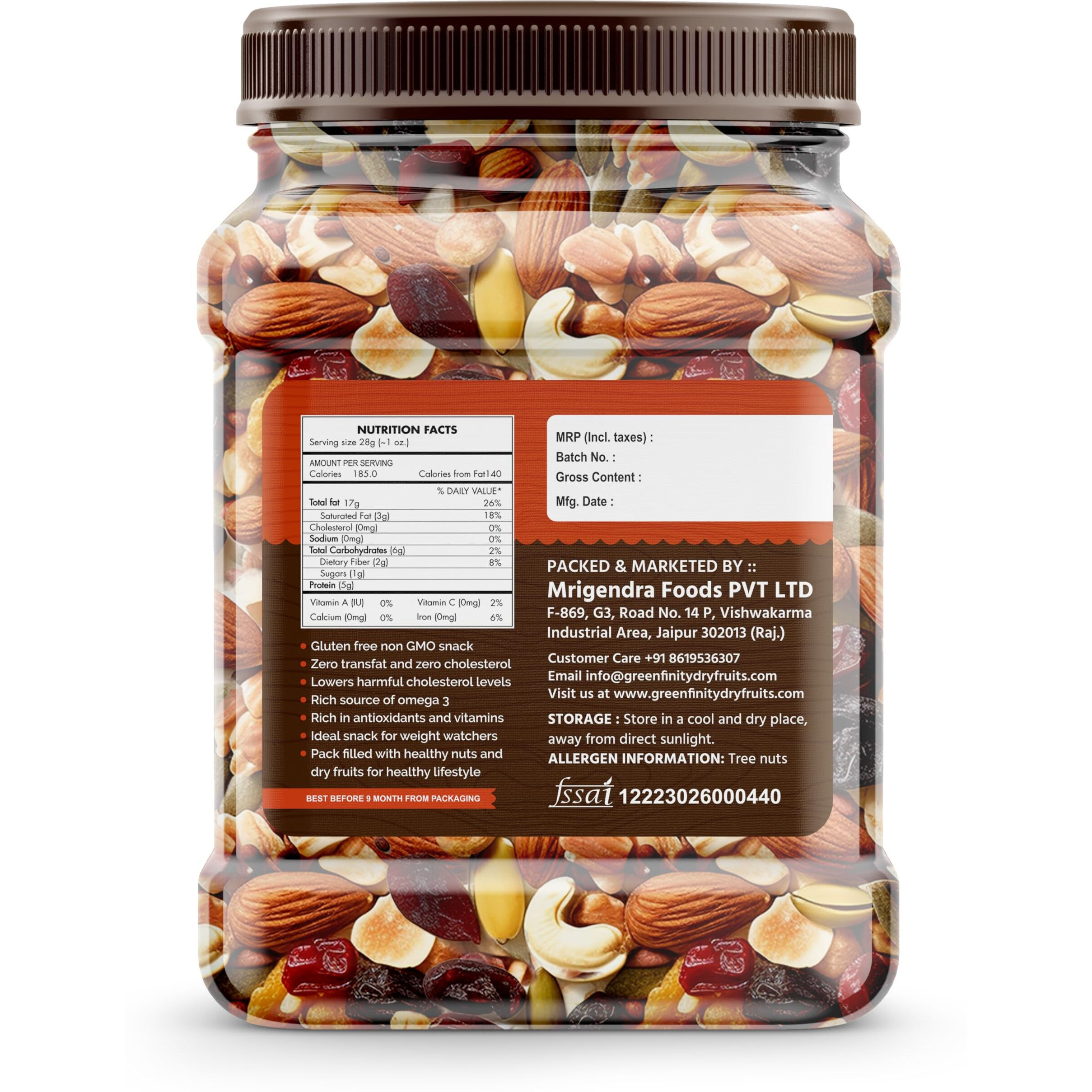 PrettyNutty Healthy Nutmix 500g, Dried Almonds, Black Raisins, Cashewnuts, Cranberries, Black Dates & Many More. (Pack of Jar)