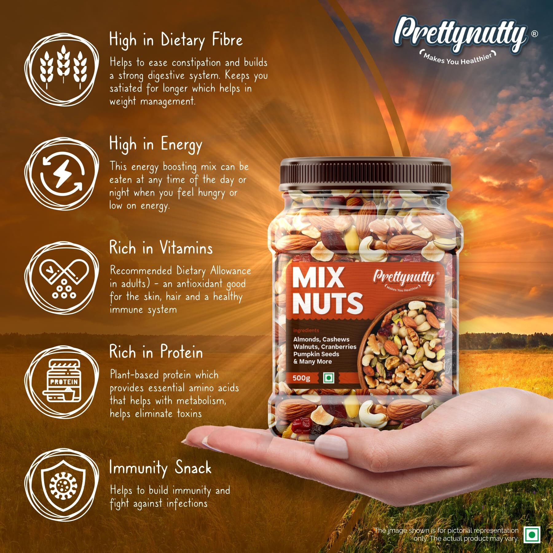 PrettyNutty Healthy Nutmix 500g, Dried Almonds, Black Raisins, Cashewnuts, Cranberries, Black Dates & Many More. (Pack of Jar)