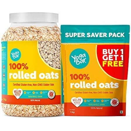 Yogabar 100% Rolled Oats 1kg (Buy 1 Get 1 FREE) | Premium Golden, Gluten Free Oats with High Fibre (1 Kg Each)