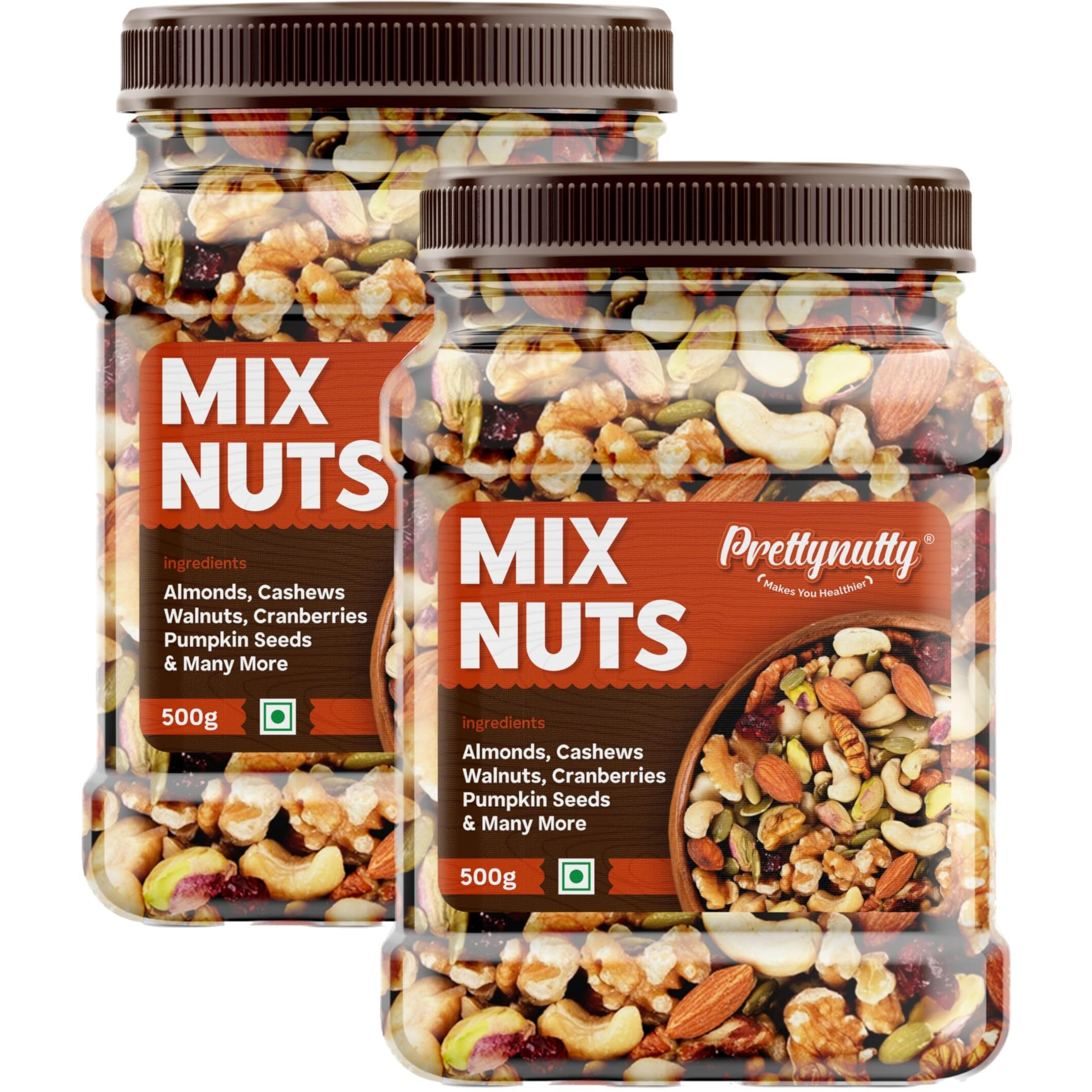 PrettyNutty Healthy Nutmix 1kg, Dried Almonds, Black Raisins, Cashewnuts, Cranberries, Green Raisins, Walnut Kernels & Many More.