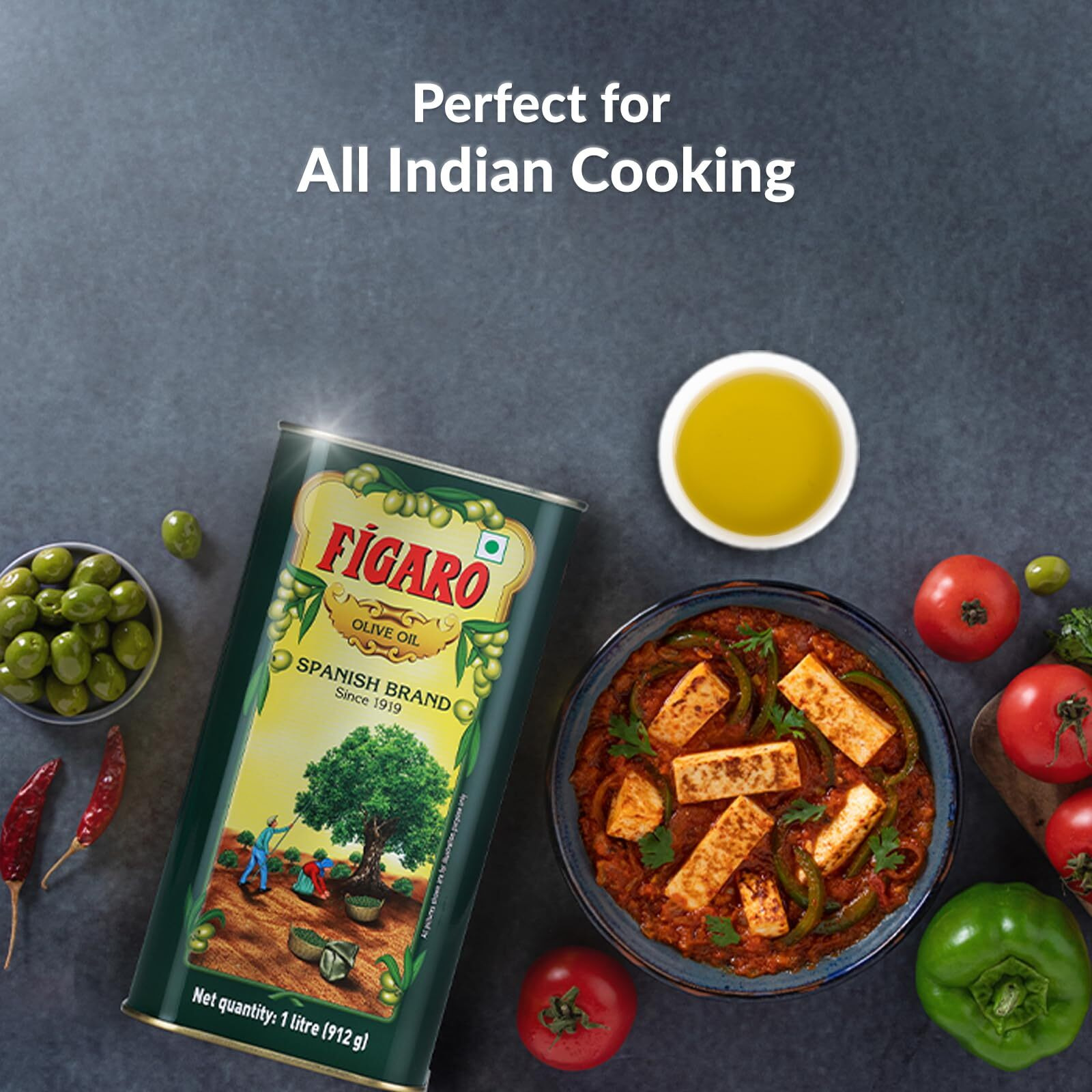 Figaro Olive Oil- Pure Olive Oil-Daily Cooking Oil- Perfect for Indian Dishes- Curries, Gravy- Imported from Spain- 1L Tin