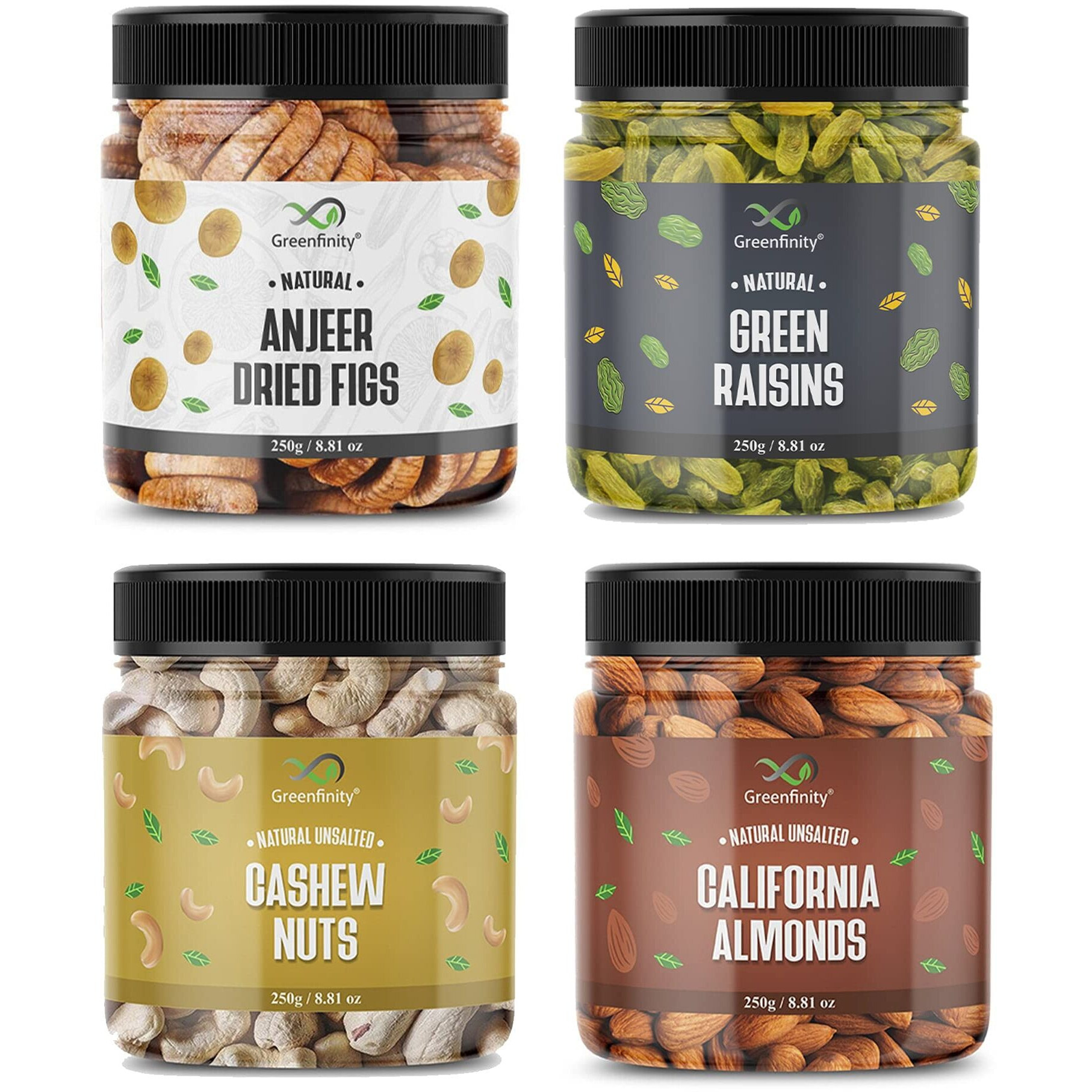 GreenFinity Dry Fruits Combo Pack - 1kg (Almonds, Cashews Nuts, Green Raisins, Anjeer - 250g) - All Premium.
