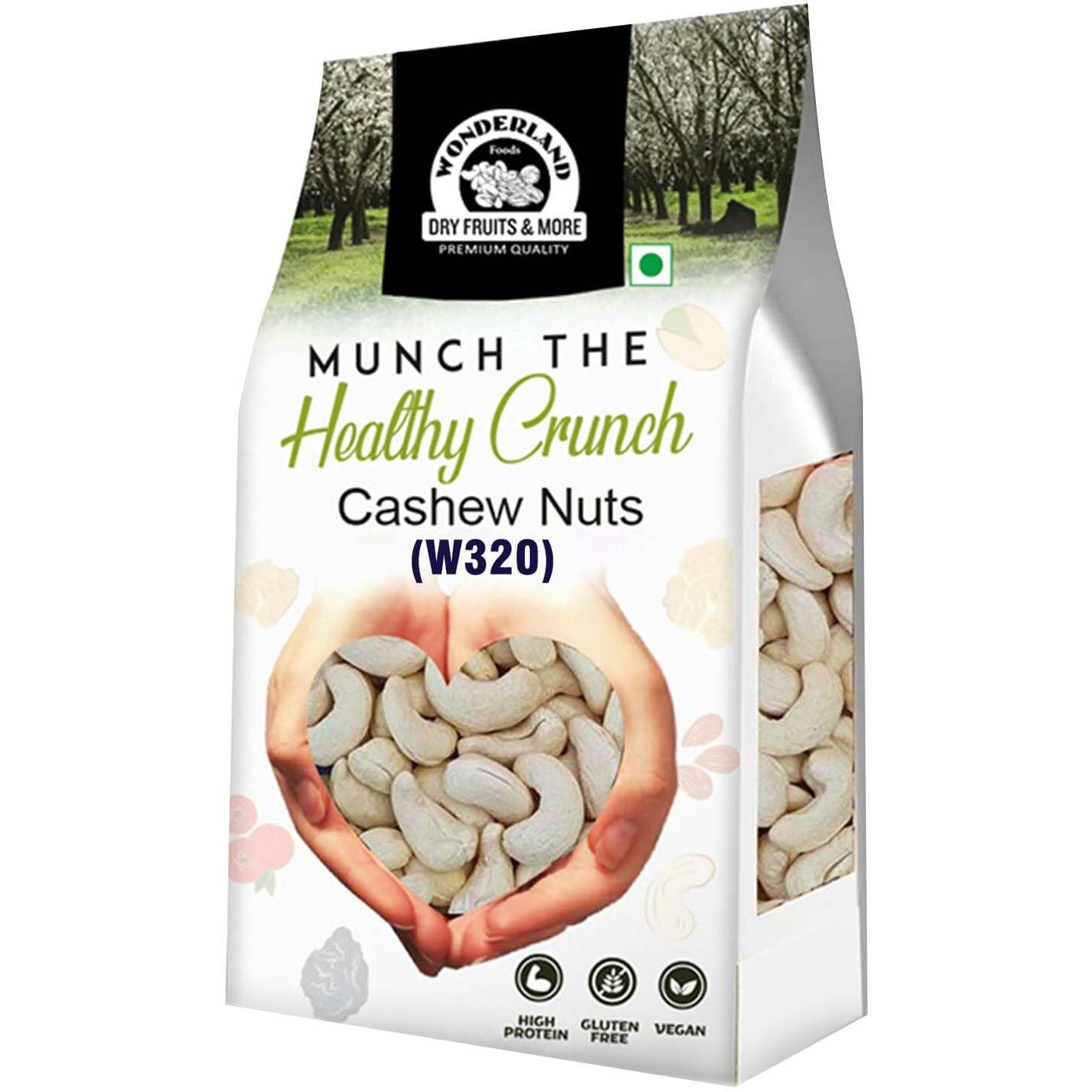 WONDERLAND FOODS Dry Fruits Whole Raw Cashew W-320 Grade 1Kg Pouch | Whole Crunchy Cashews | Premium Kaju nuts | Nutritious & Delicious | Gluten Free & Plant based Protein