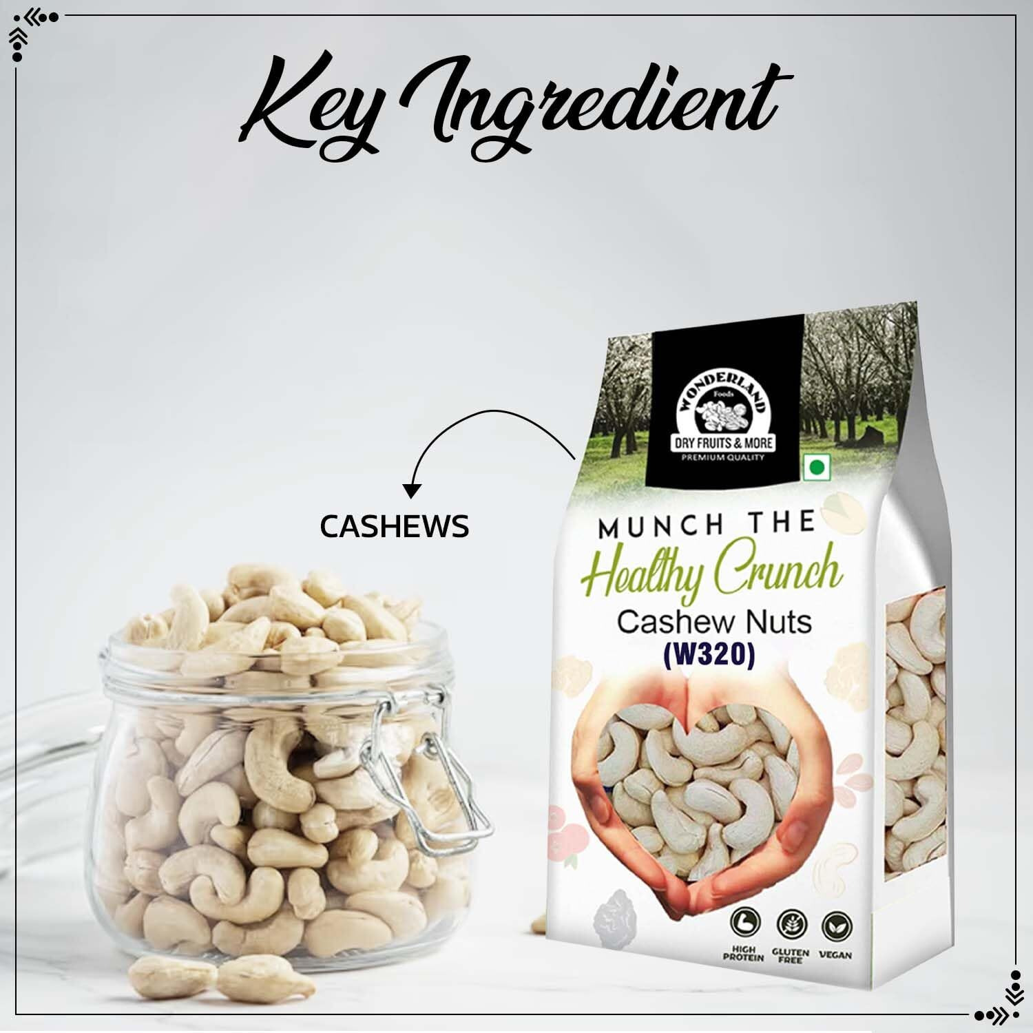 WONDERLAND FOODS Dry Fruits Whole Raw Cashew W-320 Grade 1Kg Pouch | Whole Crunchy Cashews | Premium Kaju nuts | Nutritious & Delicious | Gluten Free & Plant based Protein