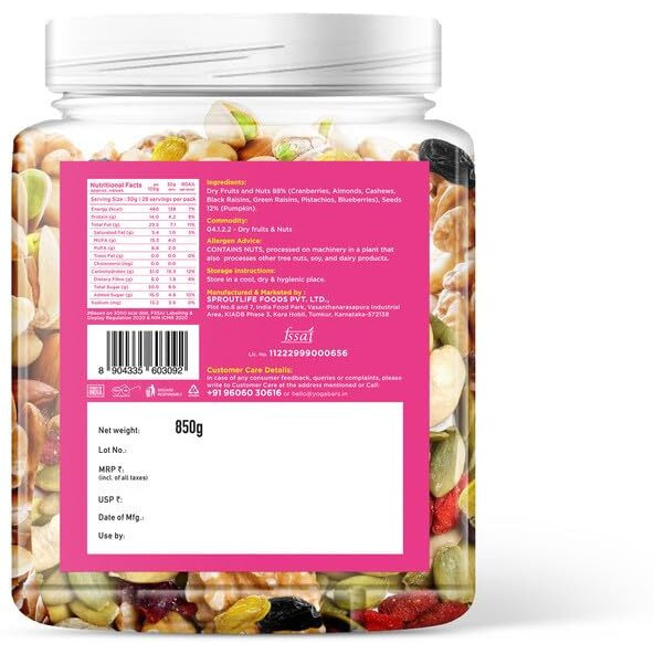 Yogabar Trail Mix - Daily Health Mix 850g - Healthy Trail Mix with Dry Fruits Nuts Seeds - Almonds Cashews Pista Raisins Blueberries Cranberries Pumpkin Seeds - Healthy Snack Reusable Jar 850g