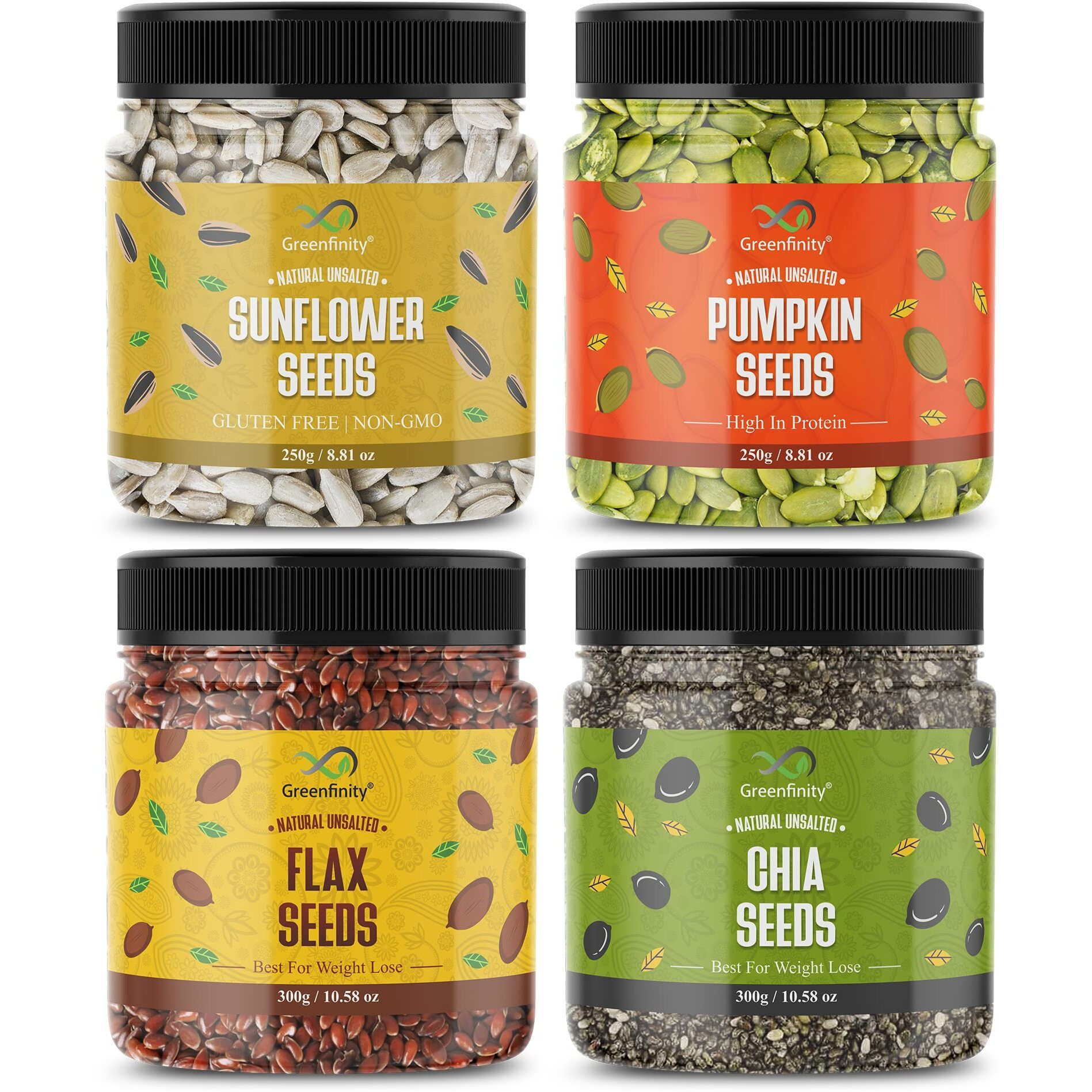 GreenFinity Healthy & Tasty Jumbo Pumpkin, Jumbo Sunflower - 250g, Flax Seeds, Chia Seeds - 300g Jar | Seeds for Eating | Immunity Booster Diet | Protein and Rich in Fibre