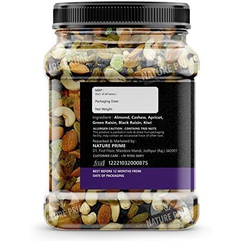 Nature Prime 100% Natural Premium Mix Dry Fruits 500Gm with Almonds | Cashew | Kishmish | Apricot | Black Raisins | Dried Kiwi | Nuts and Dry Fruits 500Gm (Jar pack)