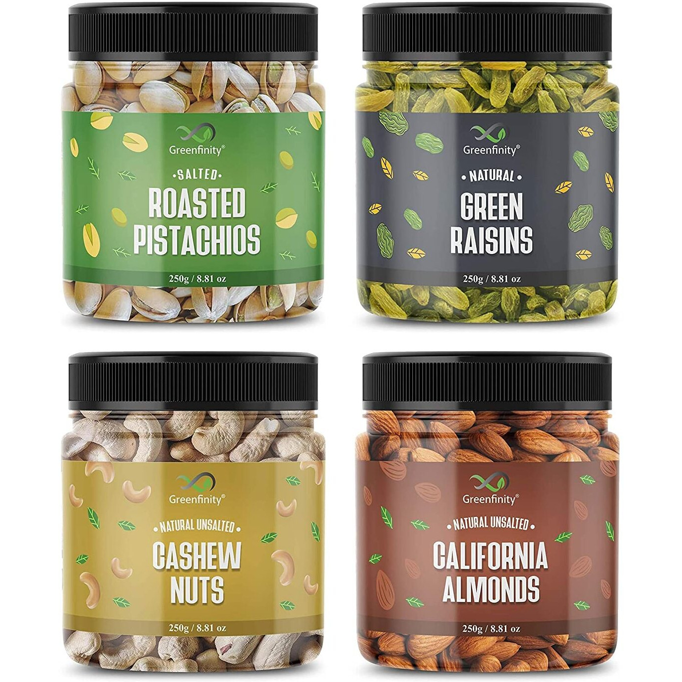 GreenFinity Dry Fruits Combo Pack of Almonds, Cashews, Raisin, Roasted Pistachio (Jar Pack) (250g * 4) 1Kg, Hampers for Employees, Dry Fruits Gift Pack and Dry Fruits for Family.