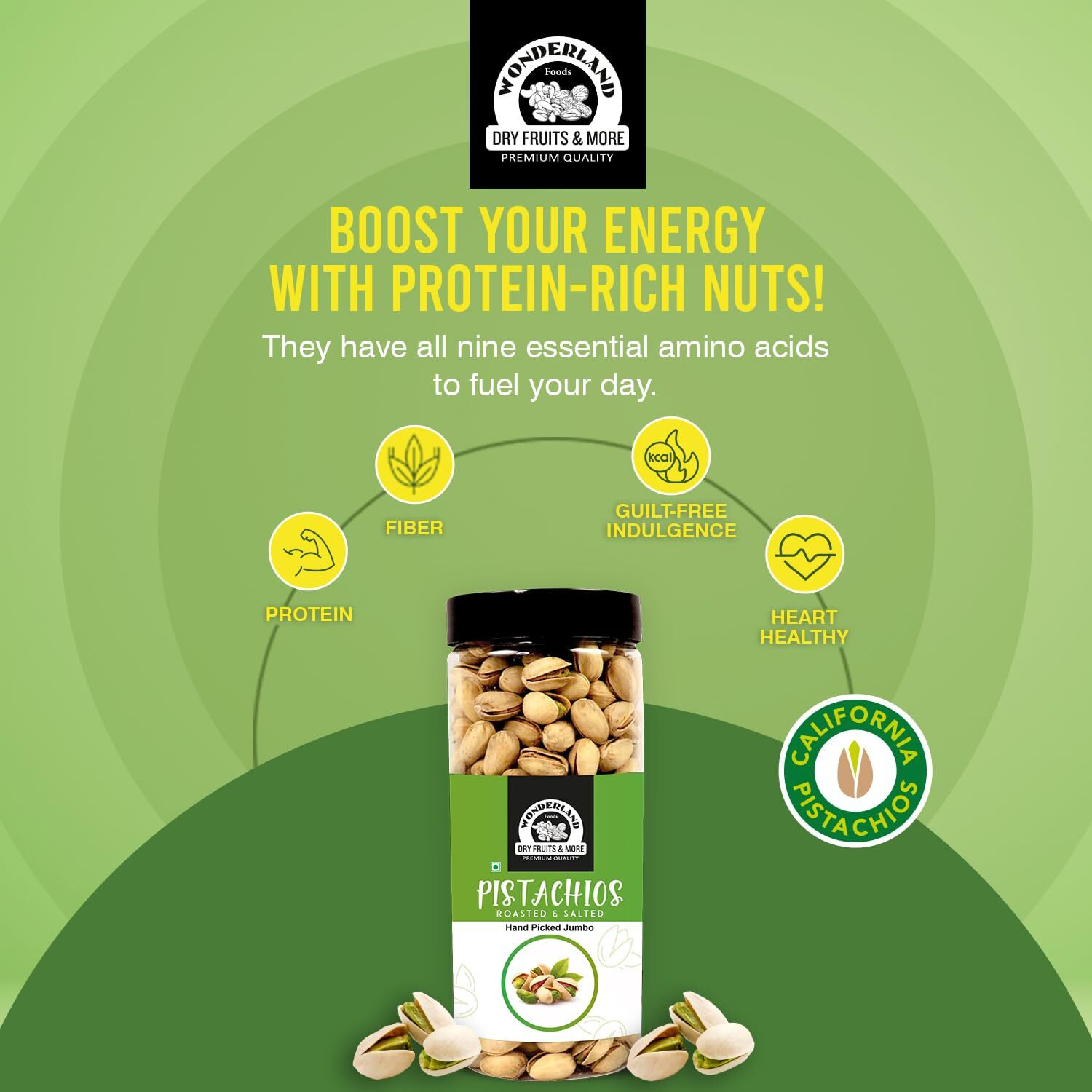 WONDERLAND FOODS (DEVICE)Dry Fruits American California Roasted & Salted Jumbo Pistachios (Pista) 500g Jar | Super Crunchy & Delicious Healthy Snack | Vitamins & Minerals Rich | Immunity Booster