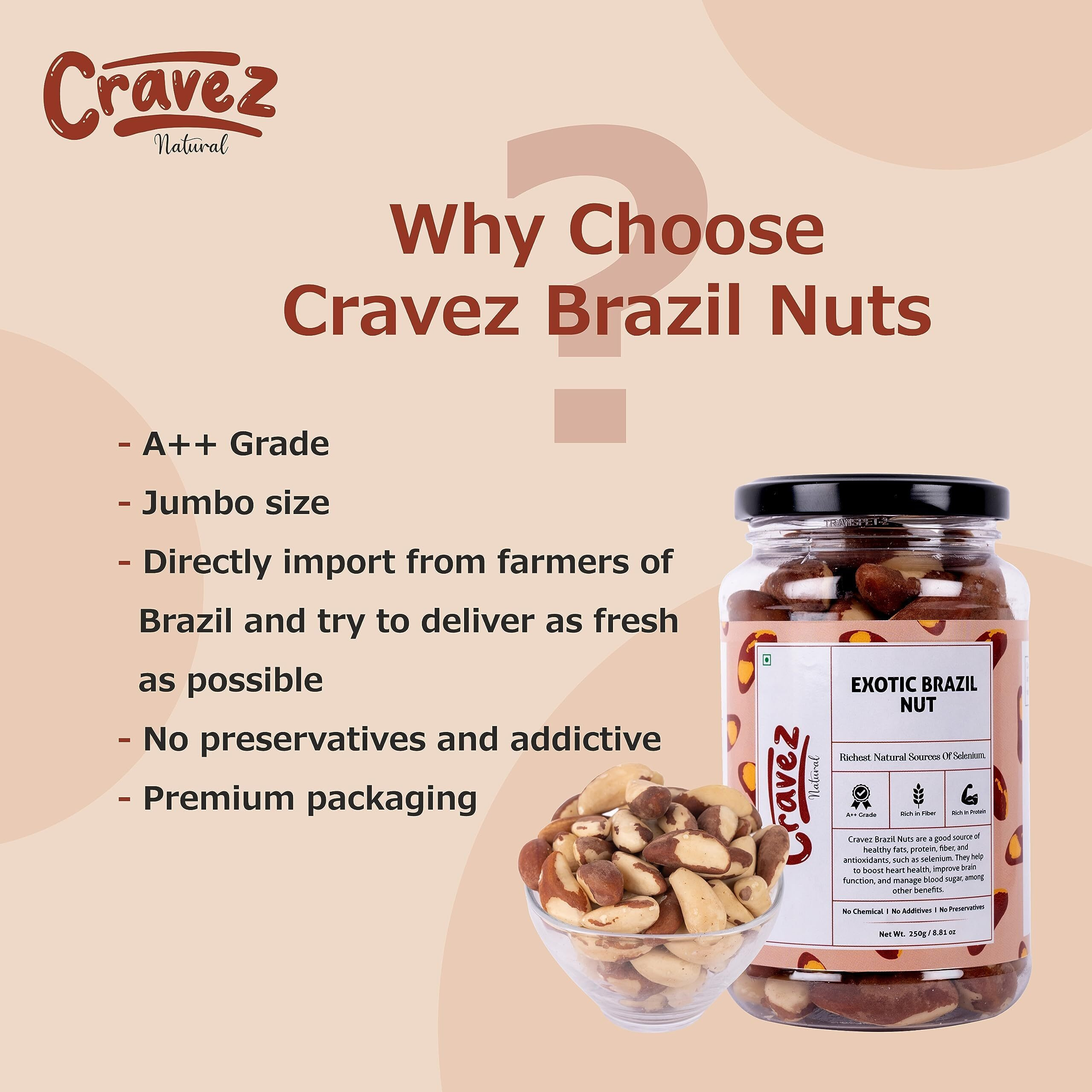 cravez Natural Exotic Brazil Nuts -250 Gm (Grade A ++ Nuts, Premium Jumbo Size, Imported) - Richest Natural Source Of Selenium, Dried