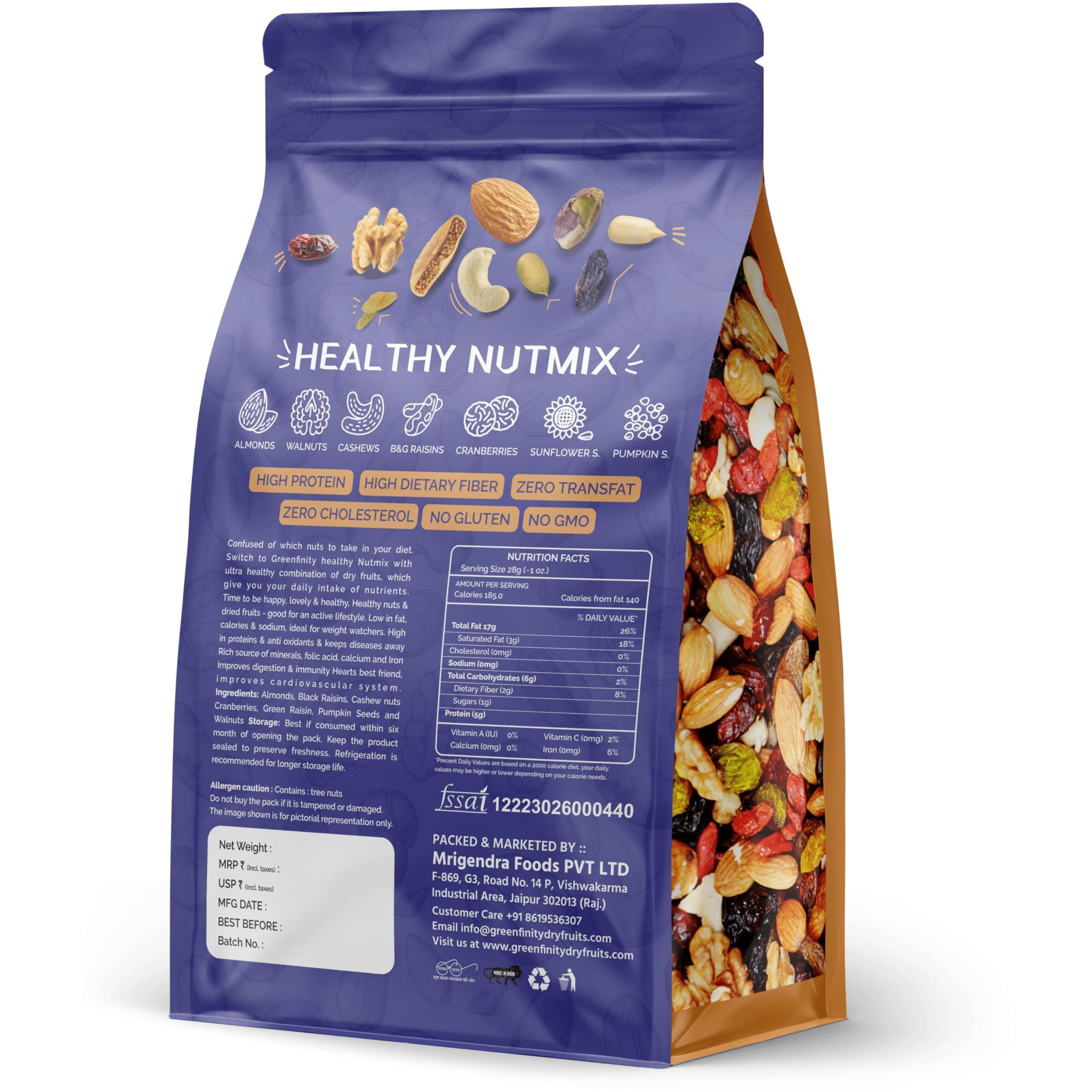 GreenFinity Premium International Healthy Nutmix 1kg, Dried Almonds, Black Raisins, Cashewnuts, Cranberries, Green Raisins & Many More.