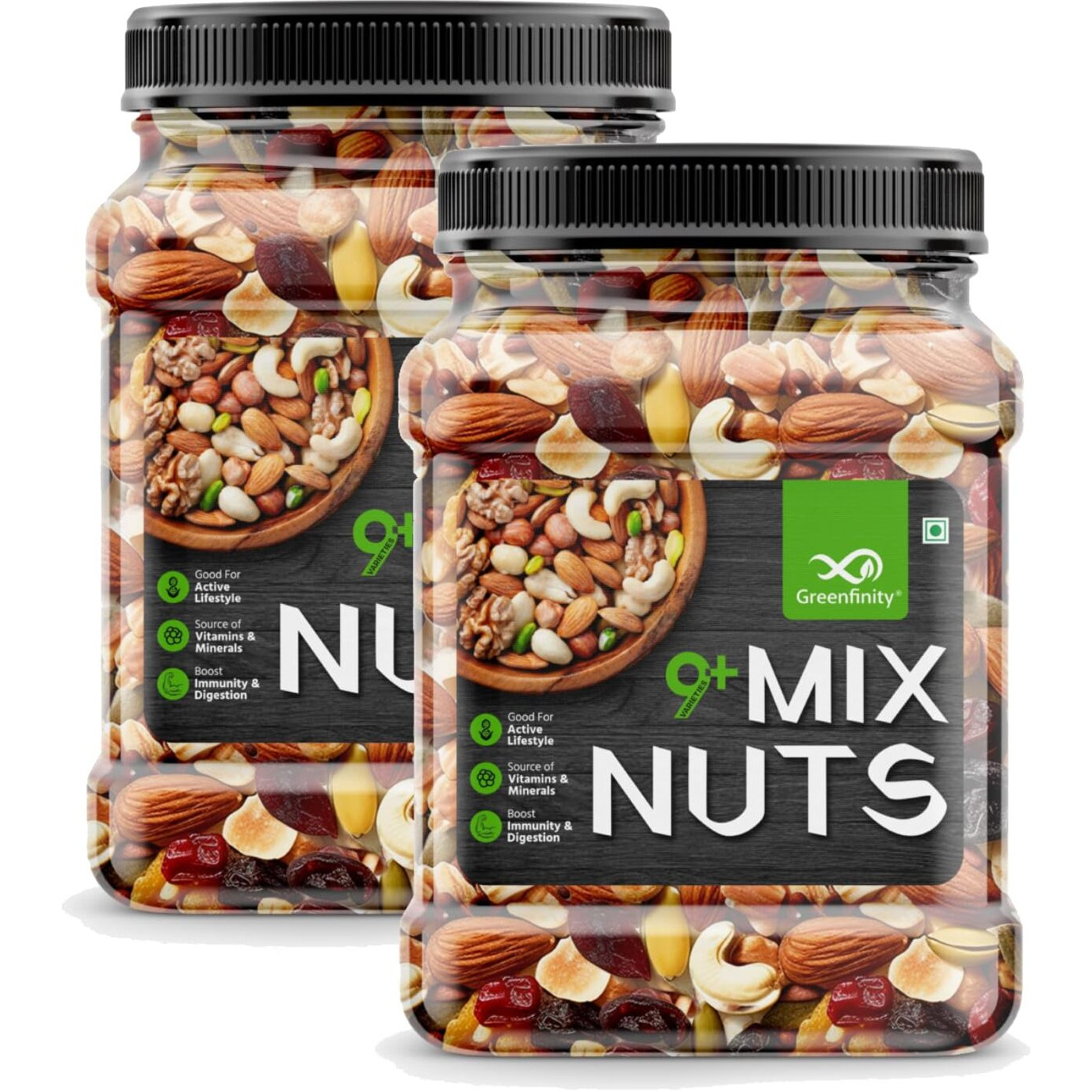 GreenFinity Healthy Nutmix 1kg | Jar Pack | Dried Almonds, Black Raisins, Cashewnuts, Cranberries, Green Raisins, Walnut Kernels & Many More. [Pack of 2].