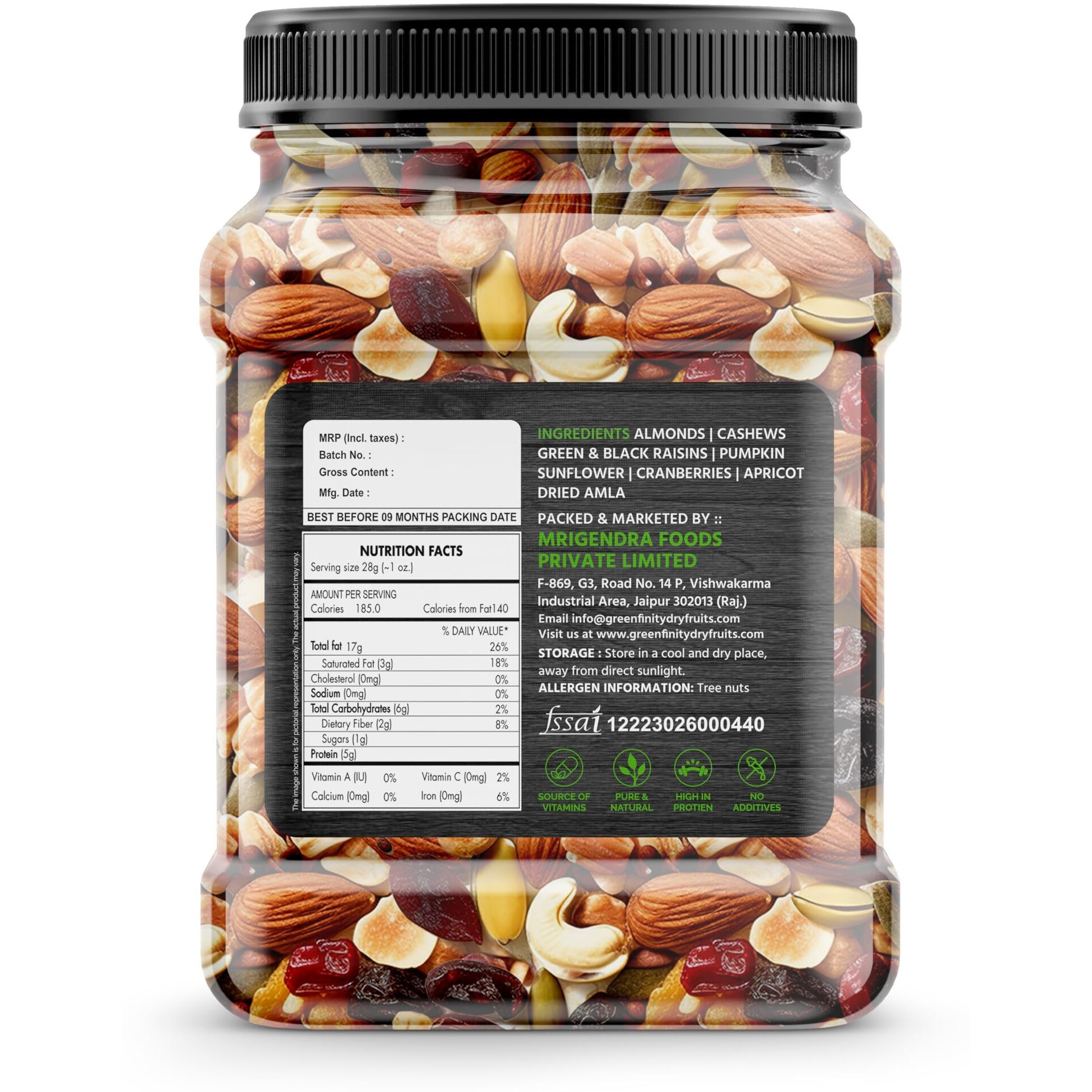 GreenFinity Healthy Nutmix 1kg | Jar Pack | Dried Almonds, Black Raisins, Cashewnuts, Cranberries, Green Raisins, Walnut Kernels & Many More. [Pack of 2].