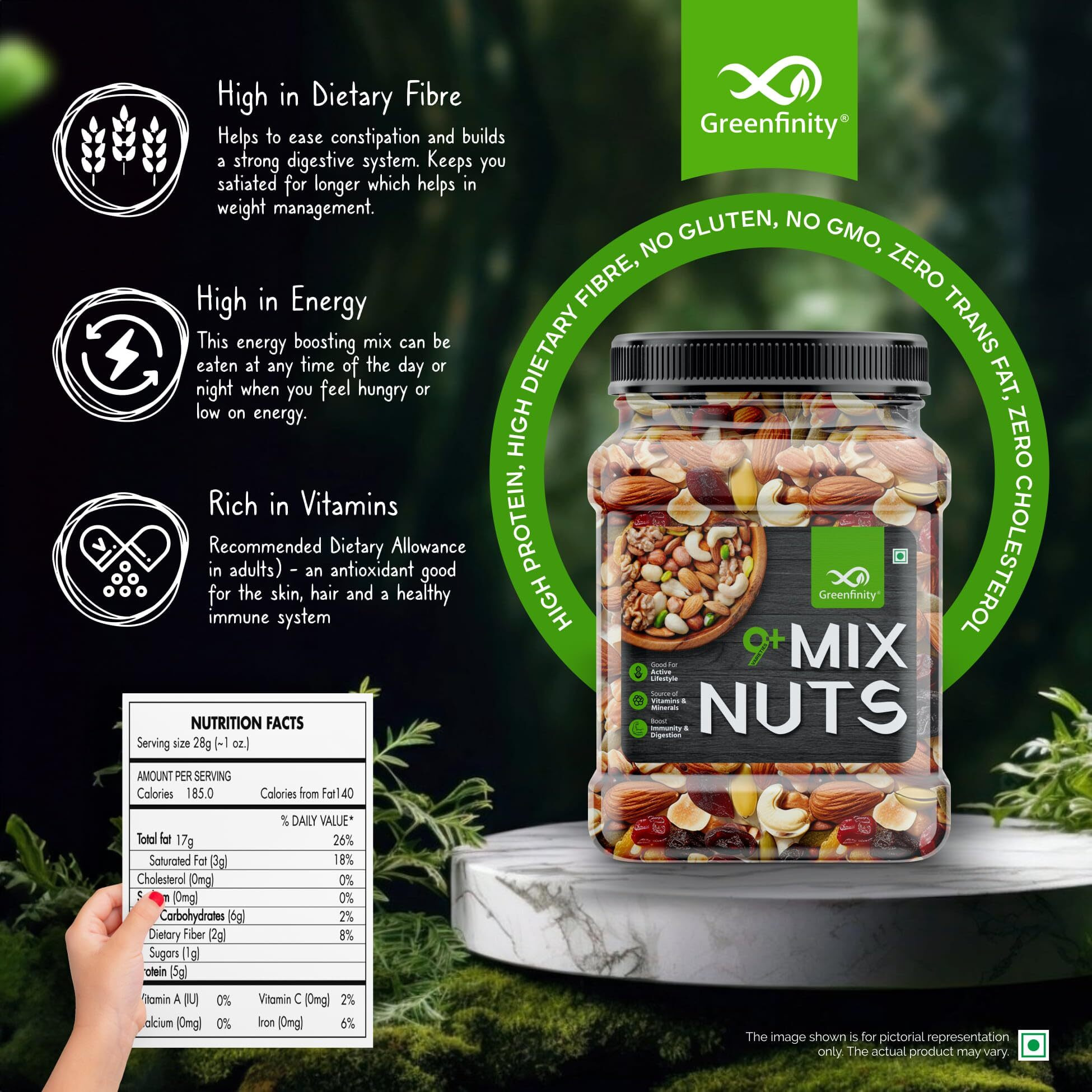 GreenFinity Healthy Nutmix 1kg | Jar Pack | Dried Almonds, Black Raisins, Cashewnuts, Cranberries, Green Raisins, Walnut Kernels & Many More. [Pack of 2].