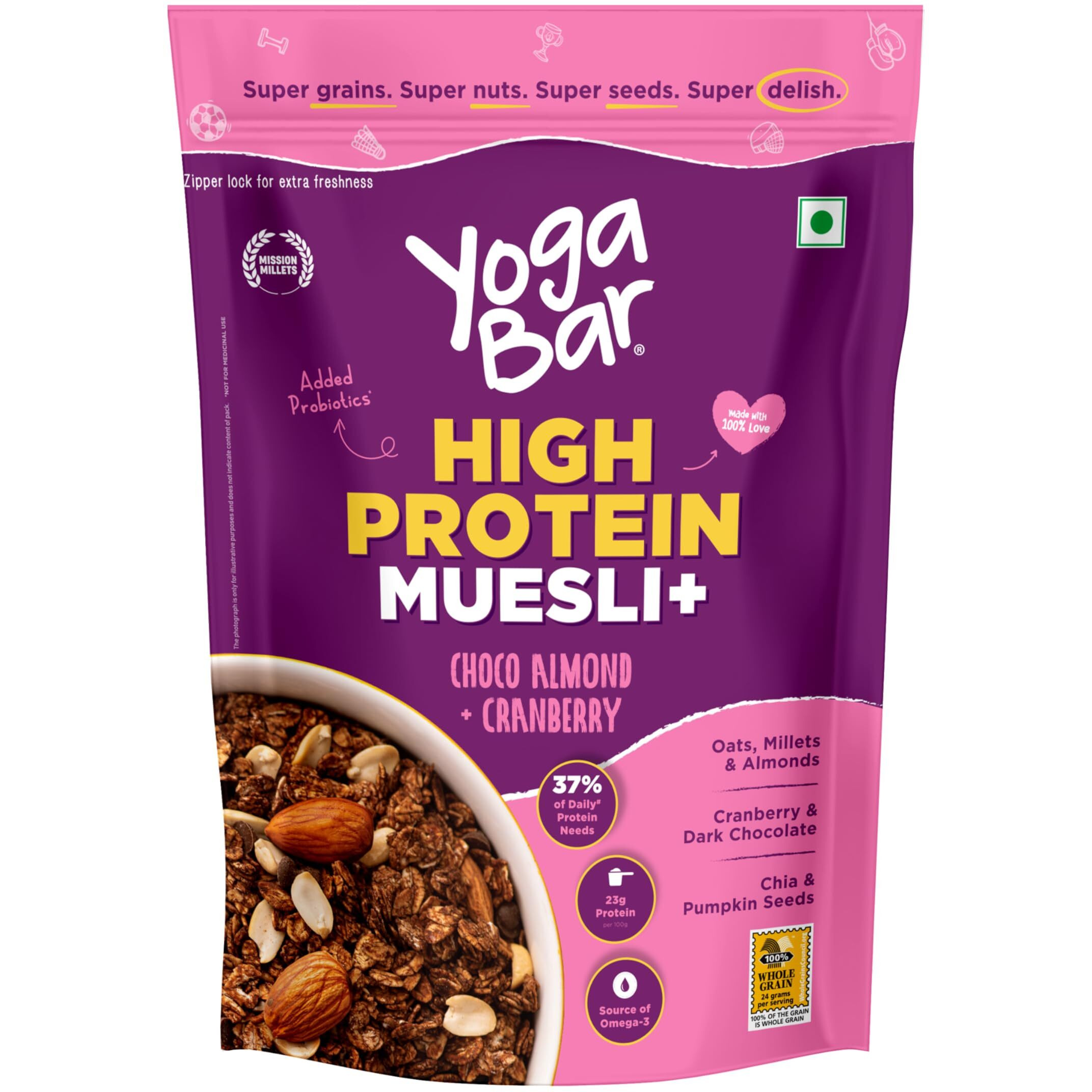 Yogabar Super High Protein Muesli 850g | 21g Protein | With Probiotics and Whey | No Refined Sugar | Easy on gut | Choco Almond | Protein Snack | High Fiber Food | Breakfast Cereal