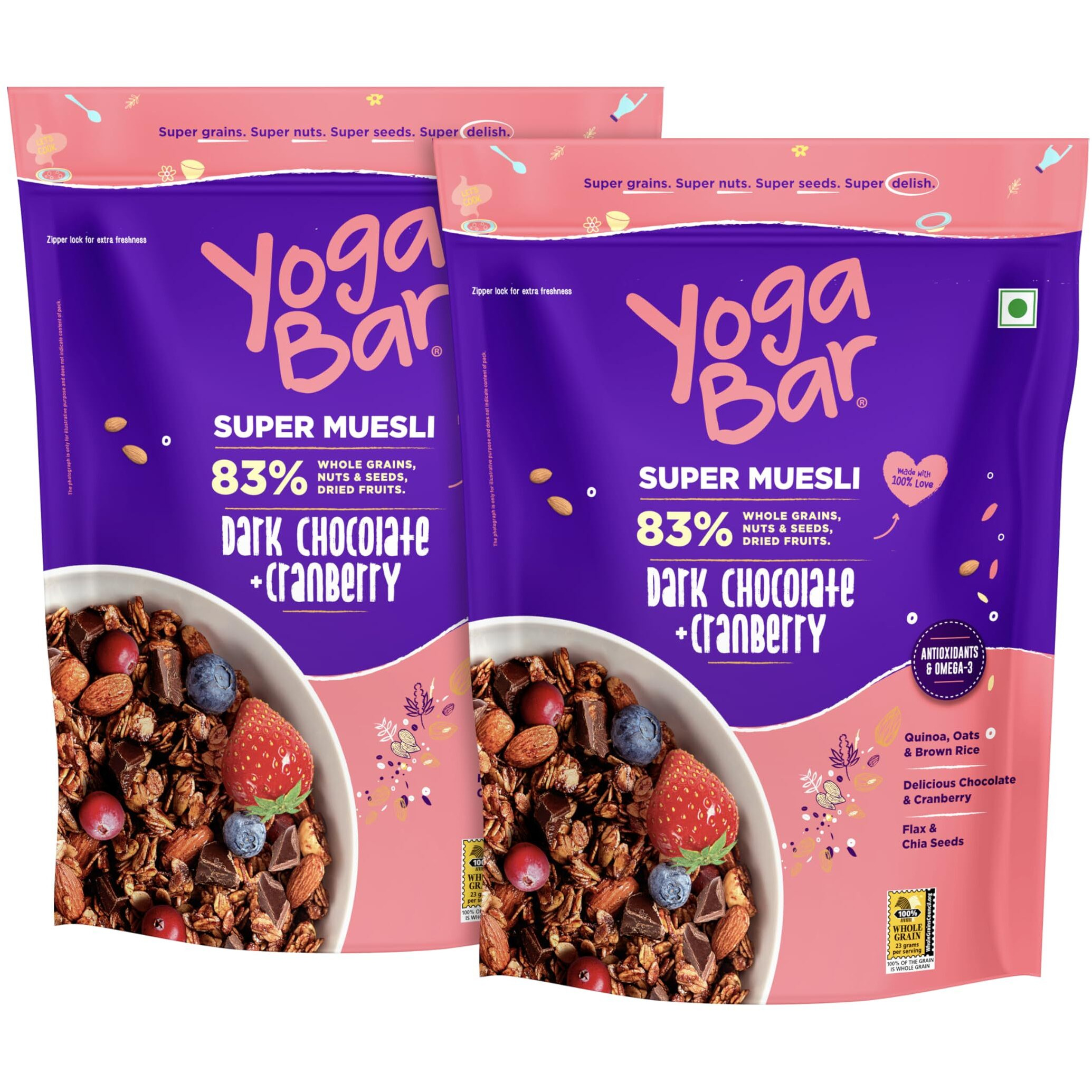 Yogabar Wholegrain Breakfast Muesli - Dark Chocolate + Cranberry, 700g (Pack of 2) (Super Saver Pack) | Healthy Cereals | Granola | Gluten Free | Antioxidant & Protein Rich