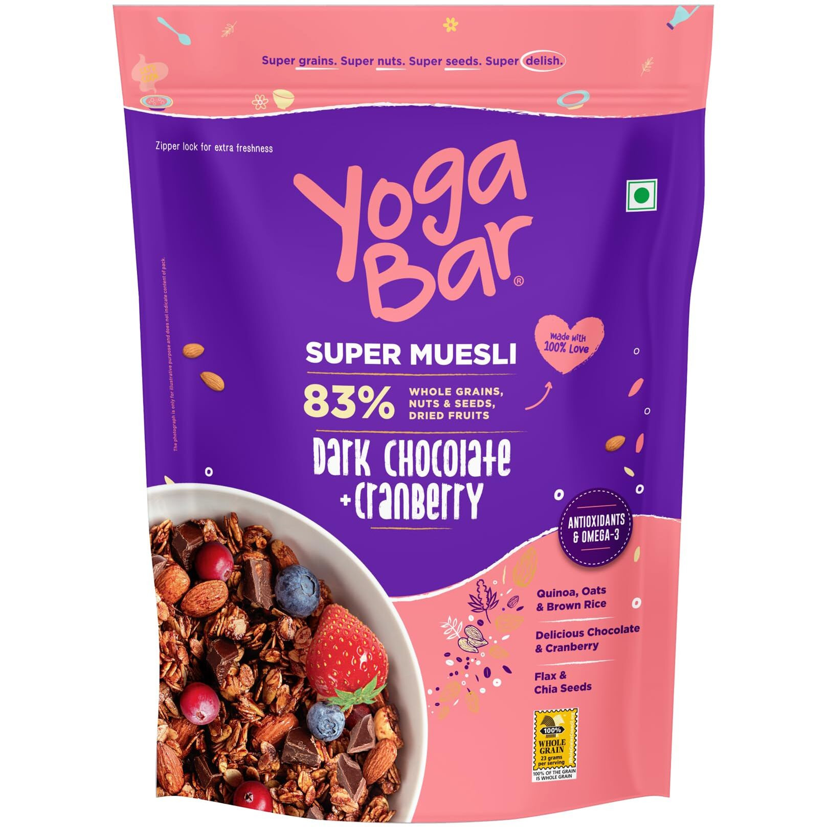 Yogabar Wholegrain Breakfast Muesli - Dark Chocolate + Cranberry, 700g (Pack of 2) (Super Saver Pack) | Healthy Cereals | Granola | Gluten Free | Antioxidant & Protein Rich