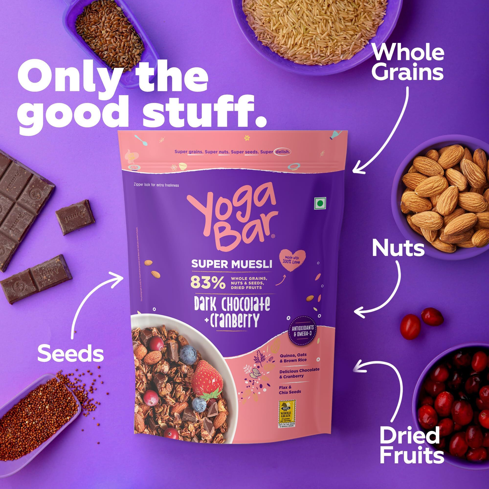 Yogabar Wholegrain Breakfast Muesli - Dark Chocolate + Cranberry, 700g (Pack of 2) (Super Saver Pack) | Healthy Cereals | Granola | Gluten Free | Antioxidant & Protein Rich
