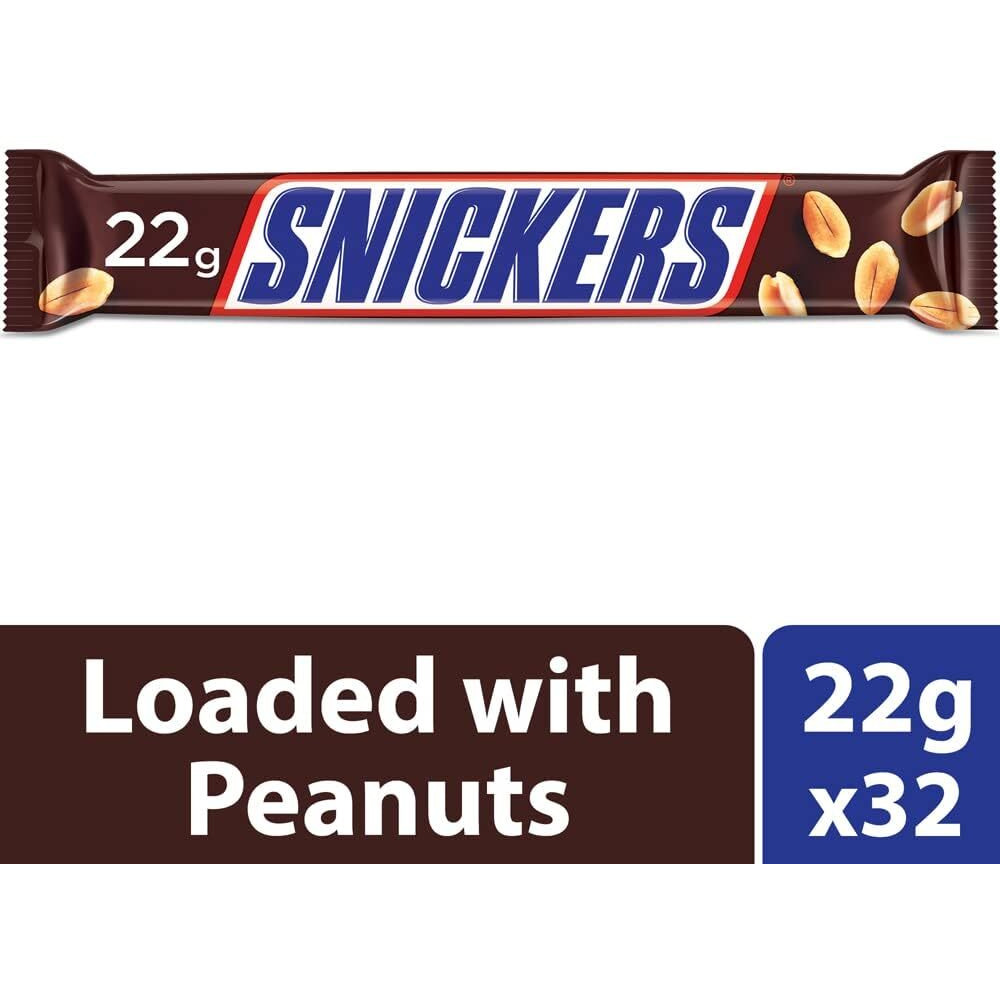 Snickers Peanut Filled Chocolate Bar | Loaded with Delicious & Nutritious Roasted Peanuts, Nougat & Caramel | Nutty Chocolate Treat for Sharing | 22G | Pack of 32, 800 Gm