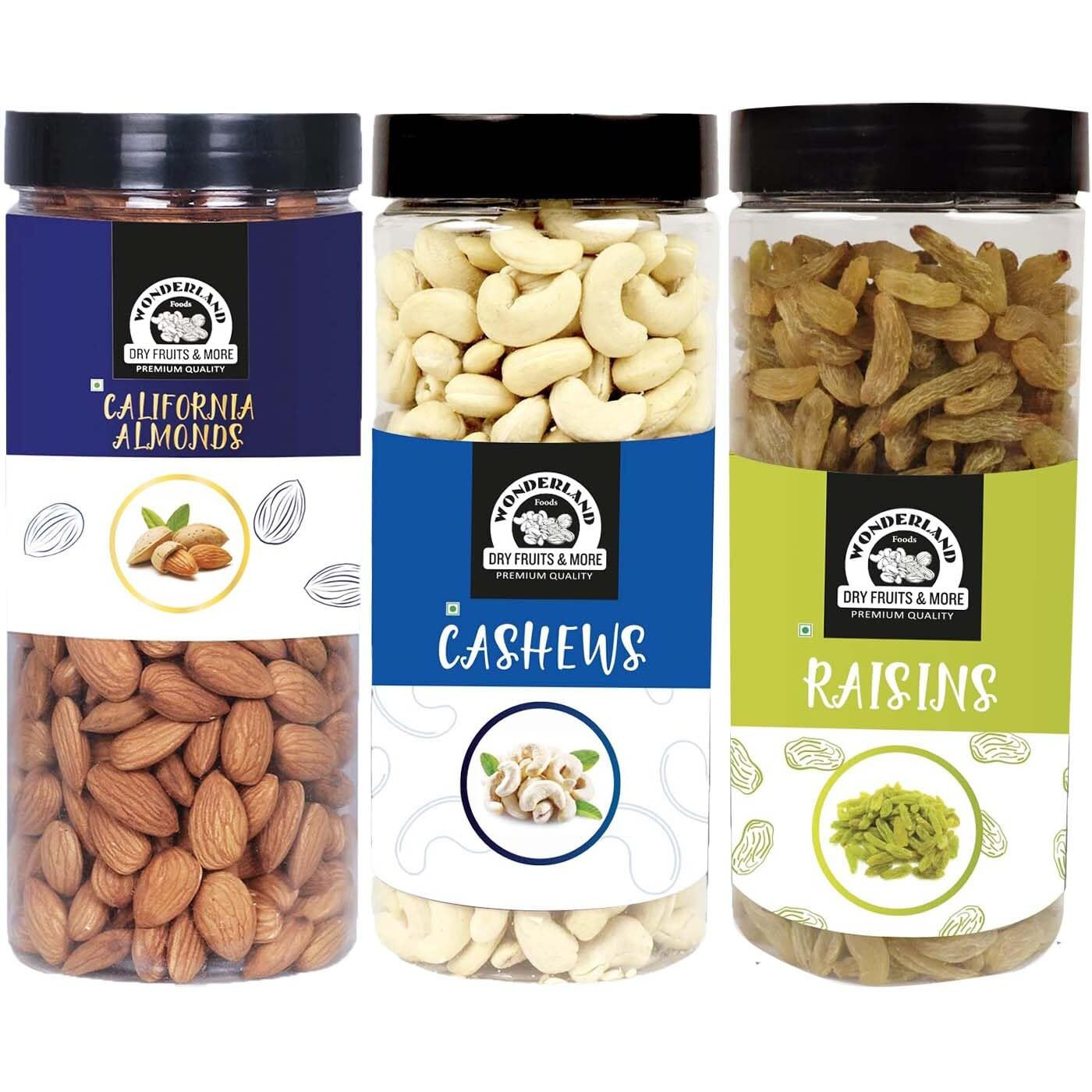 WONDERLAND FOODS (DEVICE) Healthy Dry Fruits Combo Pack 1.5Kg (500G X 3)|Almonds (Np),Cashews (W-320),Long Green Raisins Jar|Nutritious & Delicious High In Fiber & Boost Immunity
