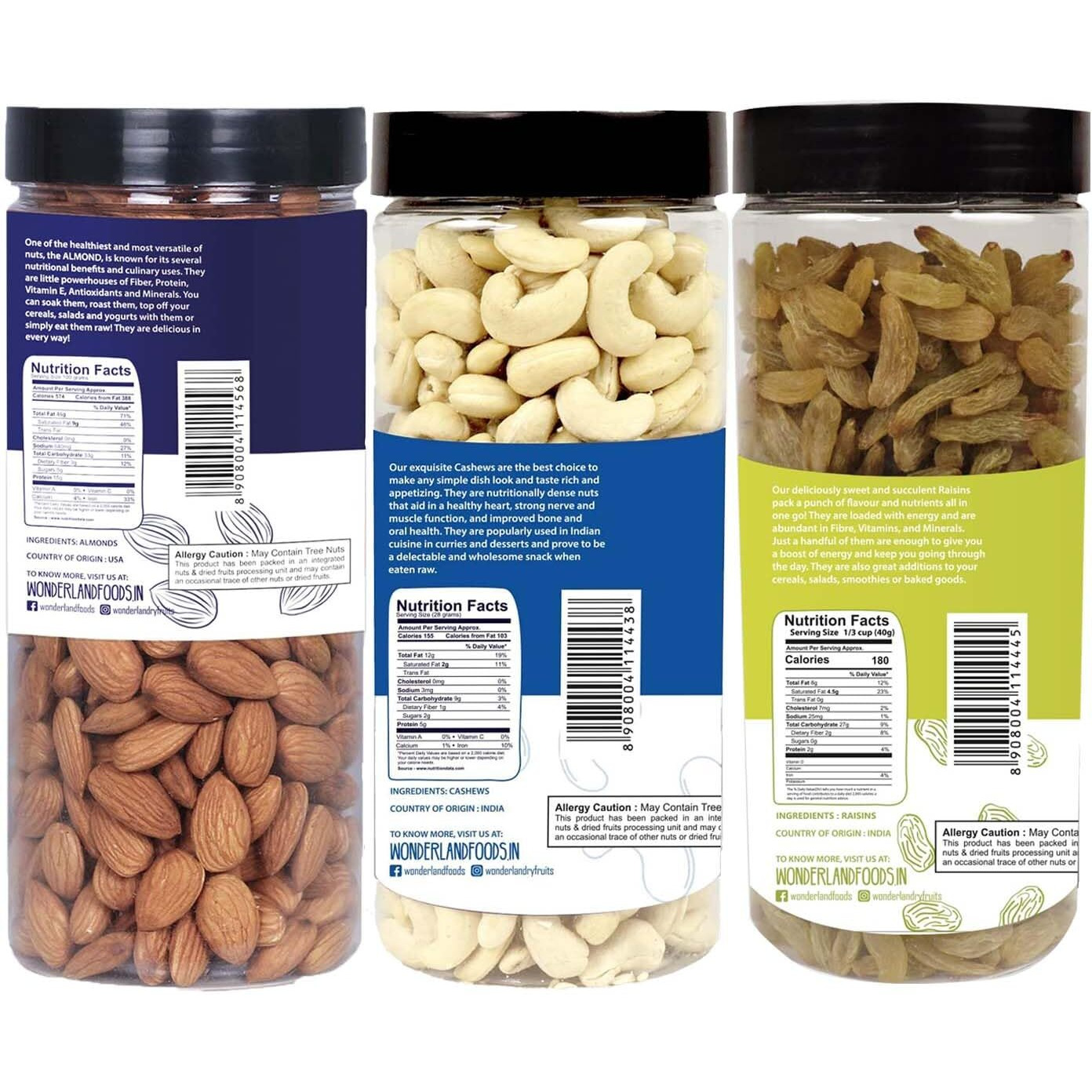 WONDERLAND FOODS (DEVICE) Healthy Dry Fruits Combo Pack 1.5Kg (500G X 3)|Almonds (Np),Cashews (W-320),Long Green Raisins Jar|Nutritious & Delicious High In Fiber & Boost Immunity